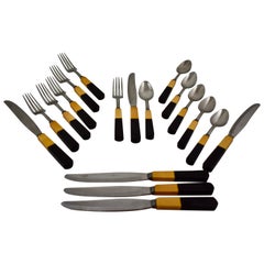 1930s Two-Tone Butterscotch & Black Bakelite Art Deco Flatware, Service for Six