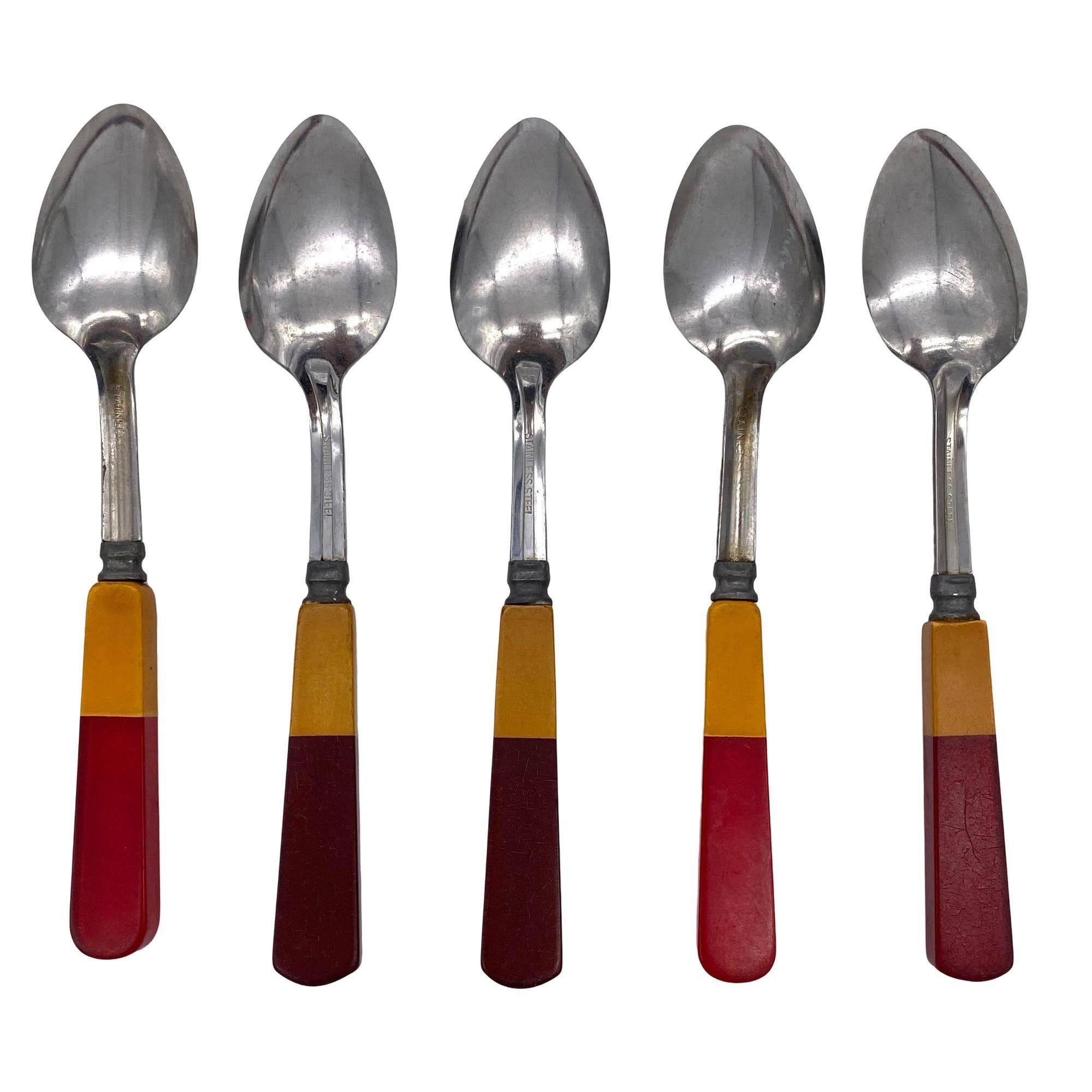 Art Deco 1930s Two Toned Butterscotch & Cherry Red & Green Bakelite Flatware Set of 34 For Sale