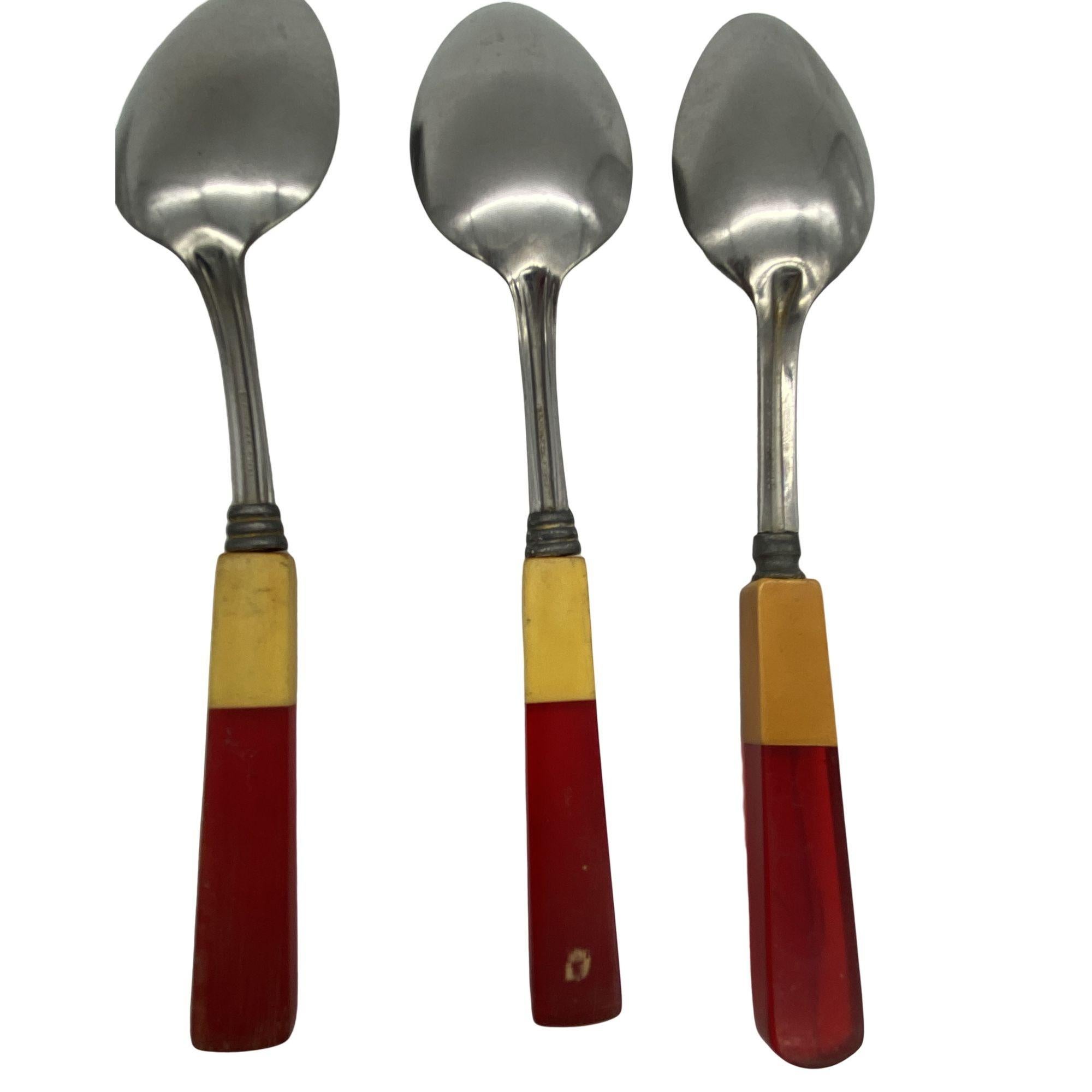 American 1930s Two Toned Butterscotch & Cherry Red & Green Bakelite Flatware Set of 34 For Sale