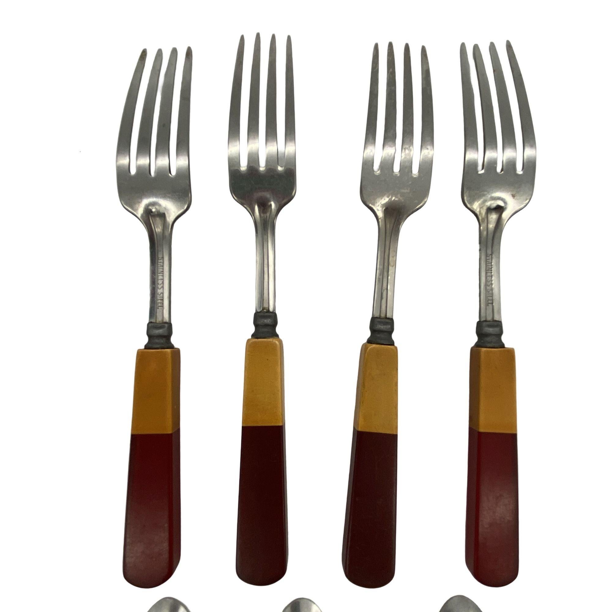 Stainless Steel 1930s Two Toned Butterscotch & Cherry Red & Green Bakelite Flatware Set of 34 For Sale