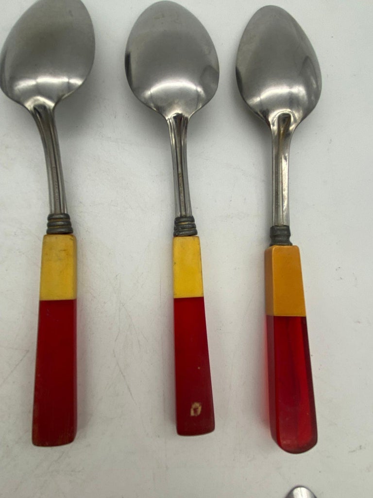1930s Two Toned Butterscotch and Cherry Red and Green Bakelite Flatware