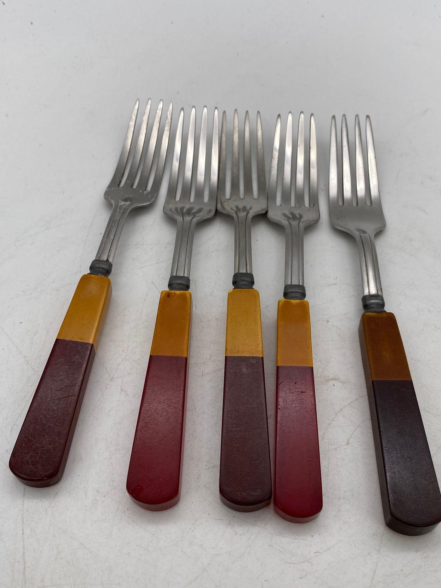 1930s Two Toned Butterscotch and Cherry Red and Green Bakelite Flatware