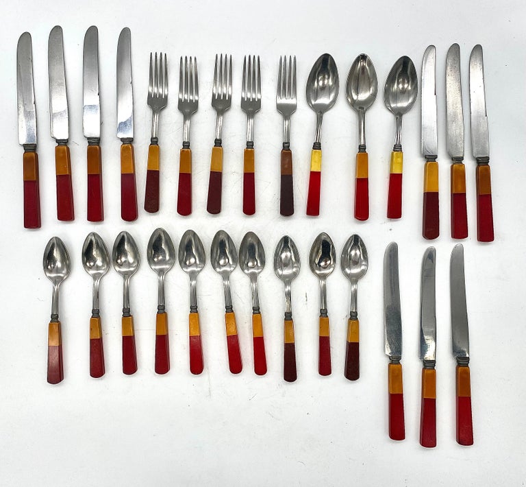 1930s Two Toned Butterscotch and Cherry Red and Green Bakelite Flatware
