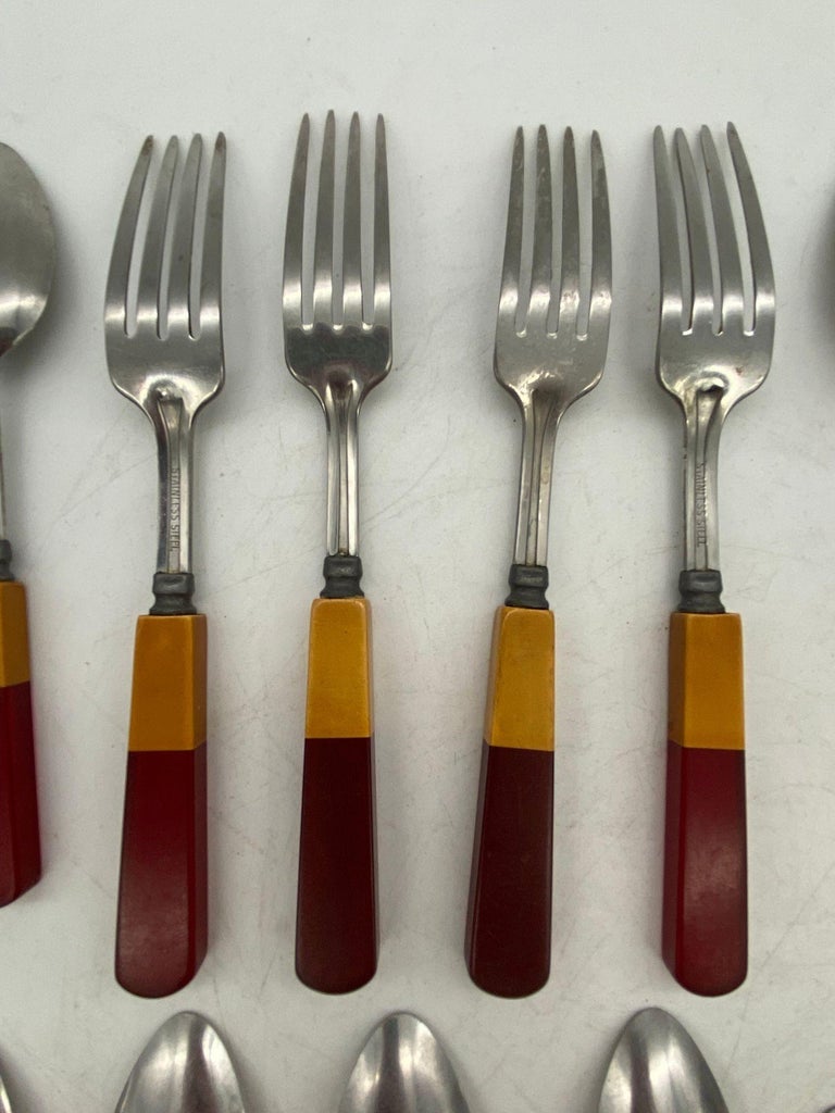 1930s Two Toned Butterscotch and Cherry Red and Green Bakelite Flatware