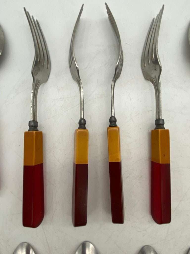 1930s Two Toned Butterscotch and Cherry Red and Green Bakelite Flatware