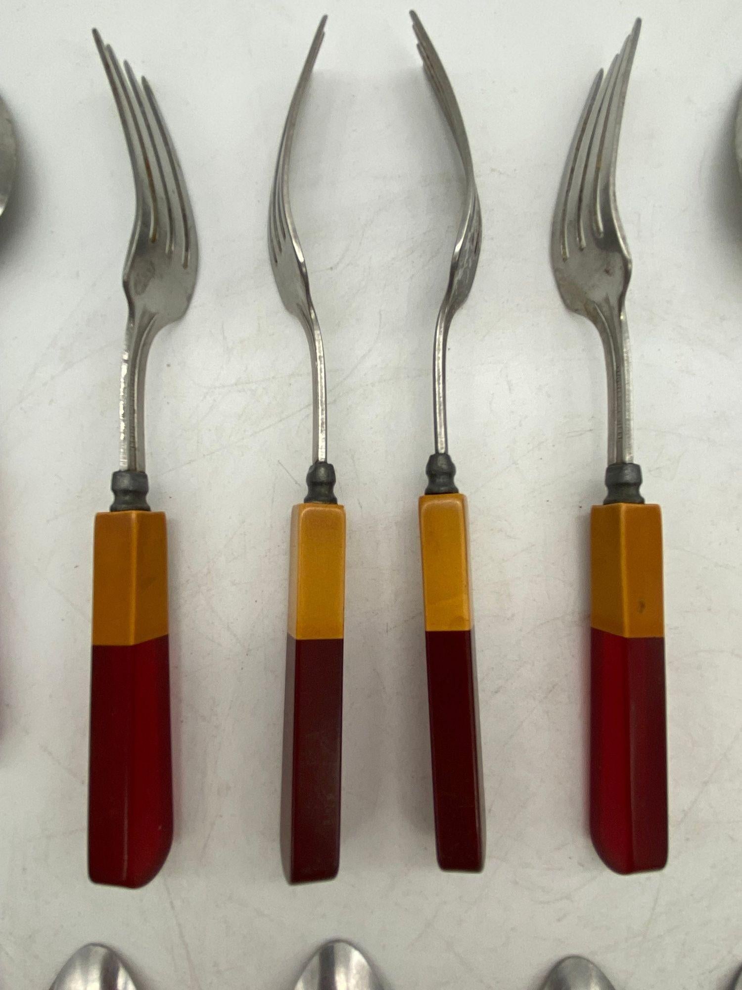 1930s Two Toned Butterscotch and Cherry Red and Green Bakelite Flatware