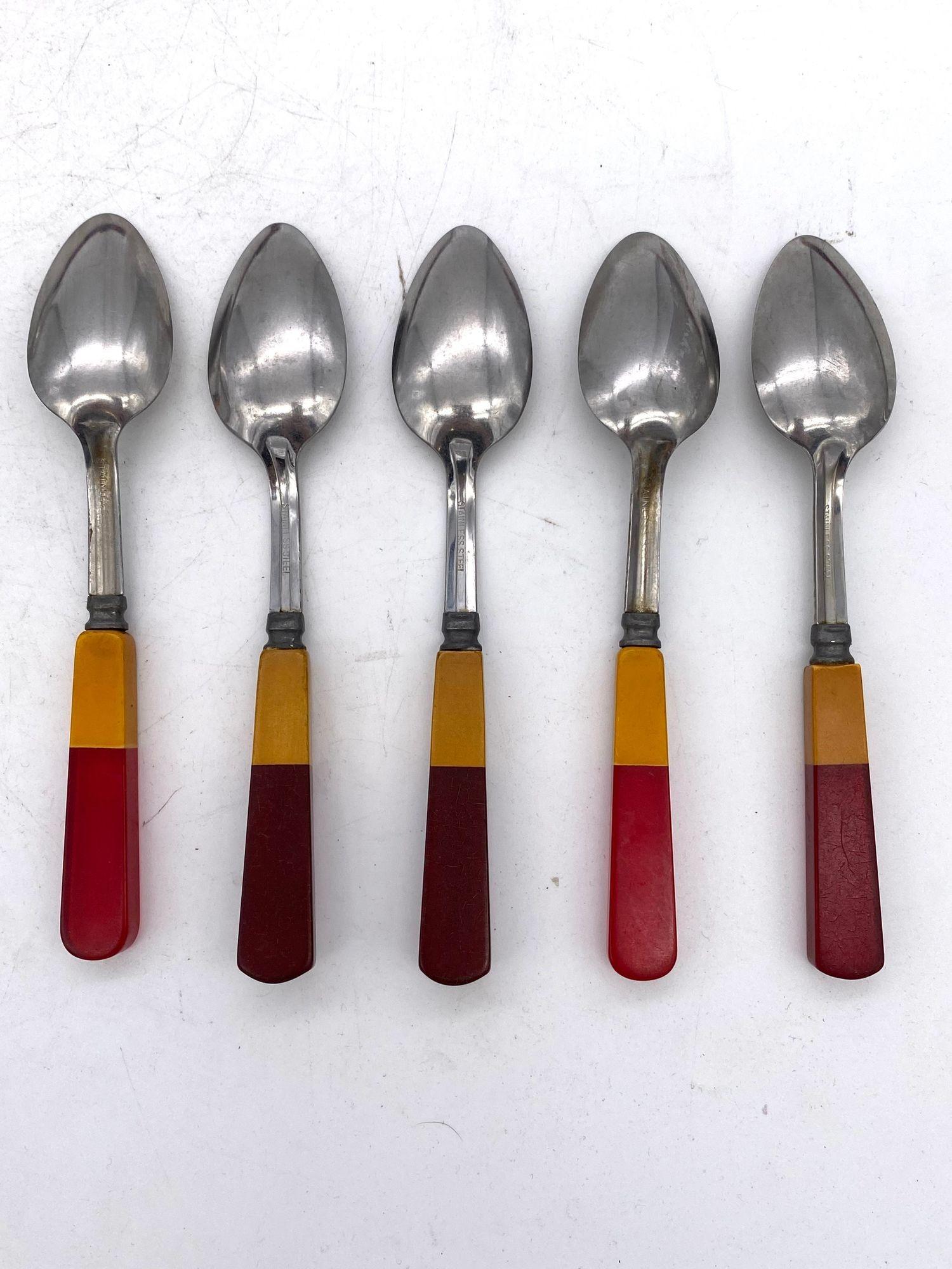 1930s Two Toned Butterscotch and Cherry Red and Green Bakelite Flatware