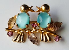 1930s Two10mmAquamarineCabochons & ThreeRubies ProngSet Gold Blue Birds Brooch