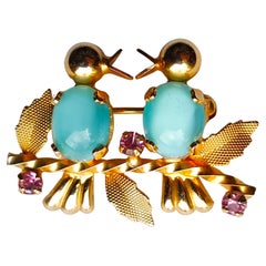 Vintage 1930s Two10mmAquamarineCabochons & ThreeRubies ProngSet Gold Blue Birds Brooch
