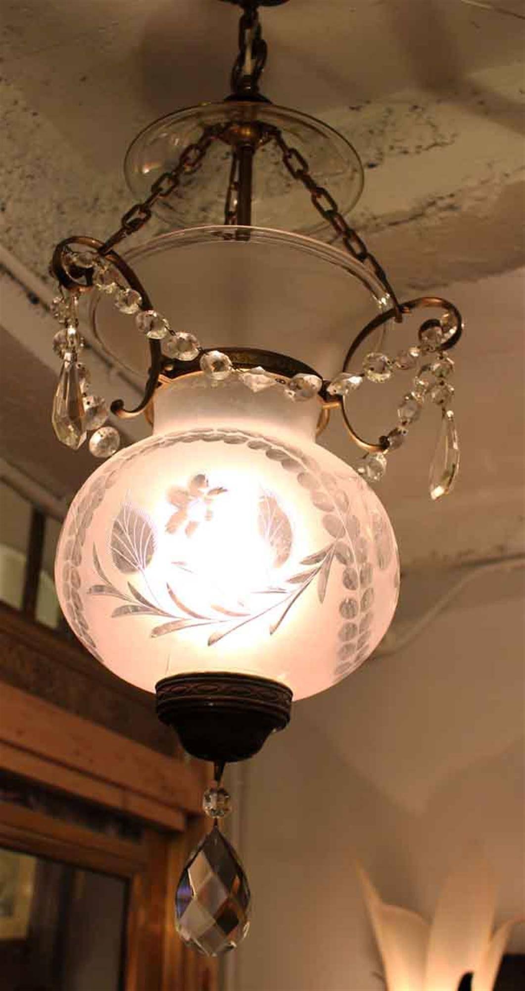 American Floral Etched Crystal Bell Jar Lantern Brass Hardware For Sale