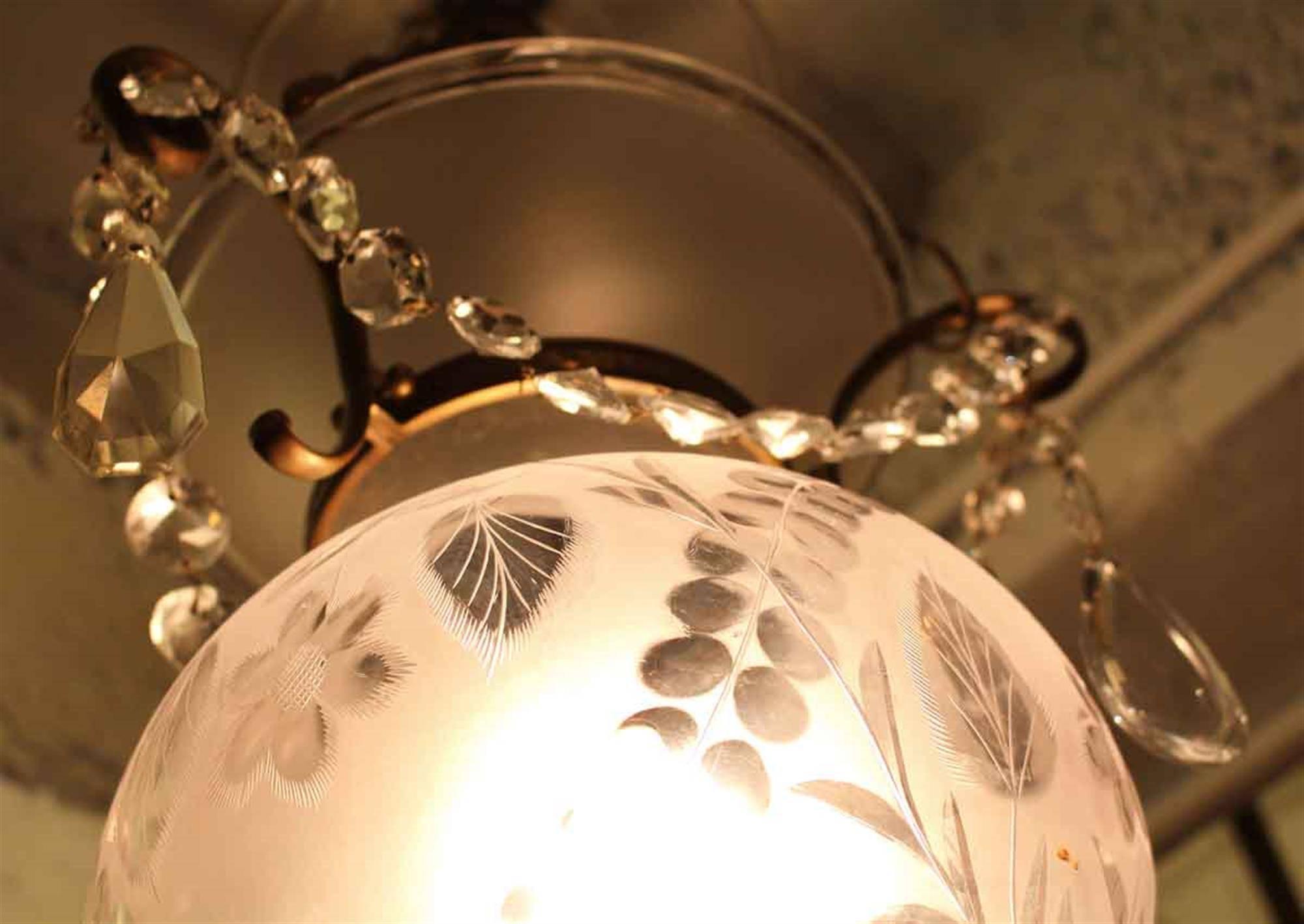 Glass Floral Etched Crystal Bell Jar Lantern Brass Hardware For Sale