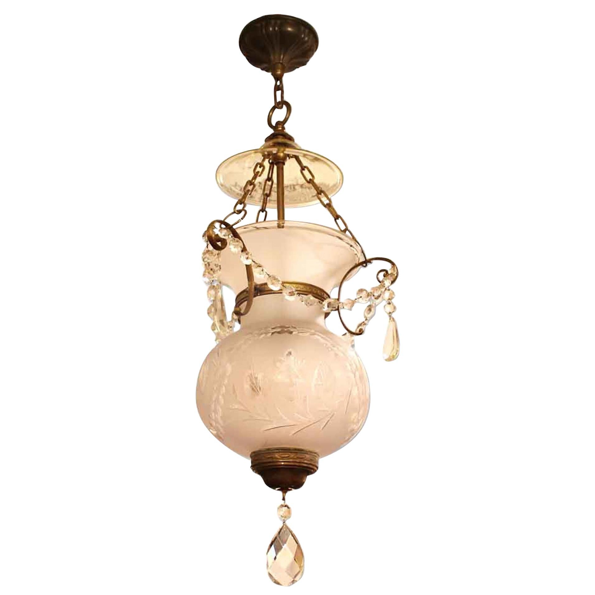 Floral Etched Crystal Bell Jar Lantern Brass Hardware