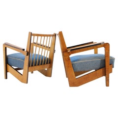 1930's Unique Pair of Cubist Armchairs, Czechoslovakia