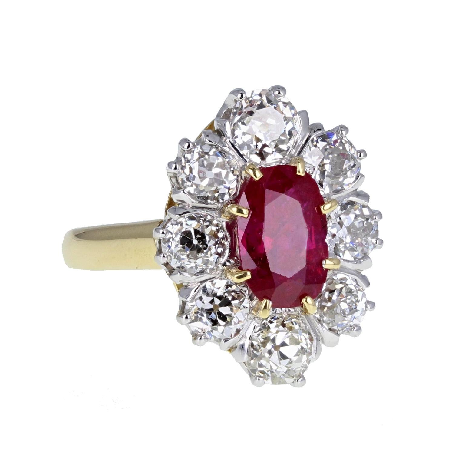 Modern 1930s Untreated Burma Ruby Diamond Oval Cluster Ring For Sale
