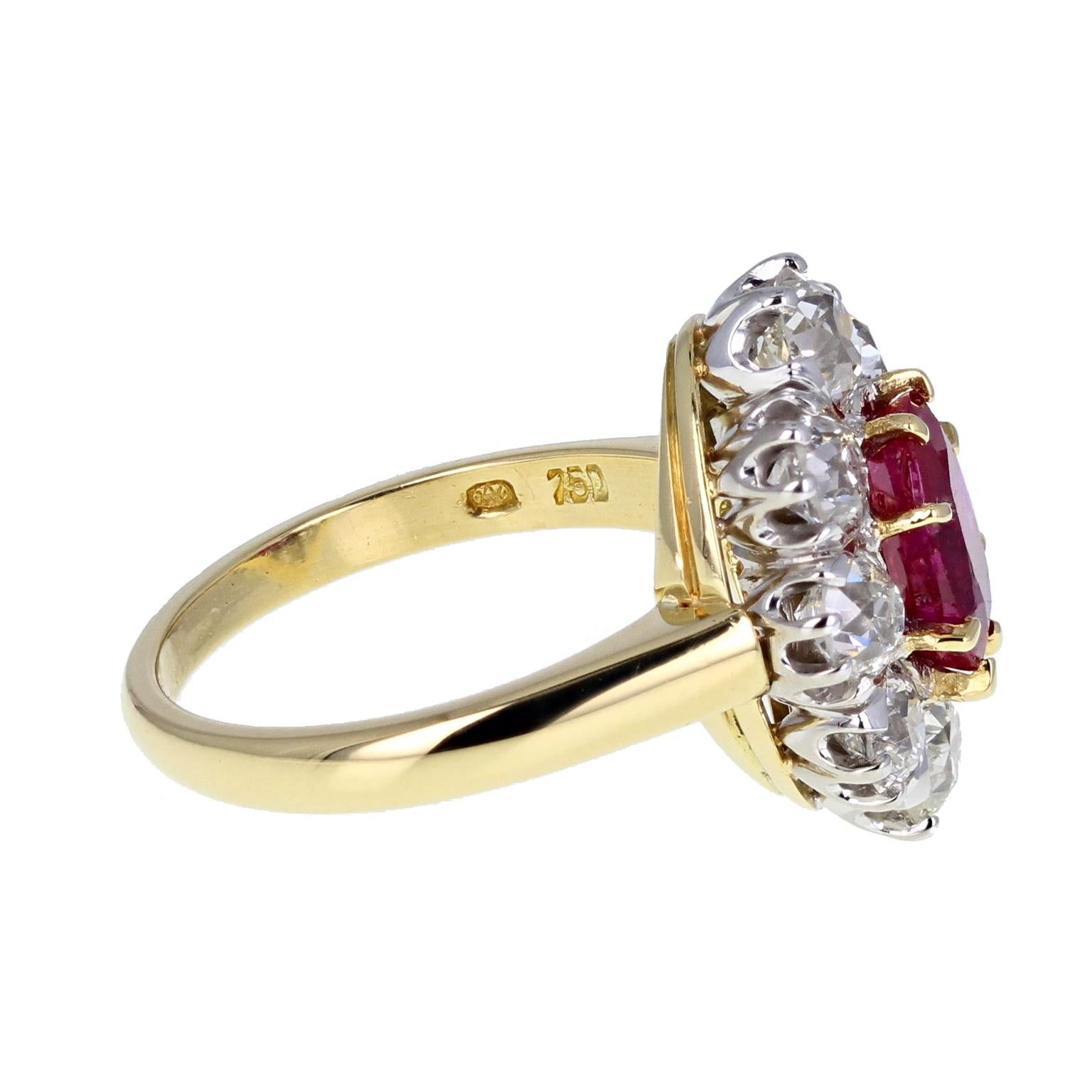 Oval Cut 1930s Untreated Burma Ruby Diamond Oval Cluster Ring For Sale