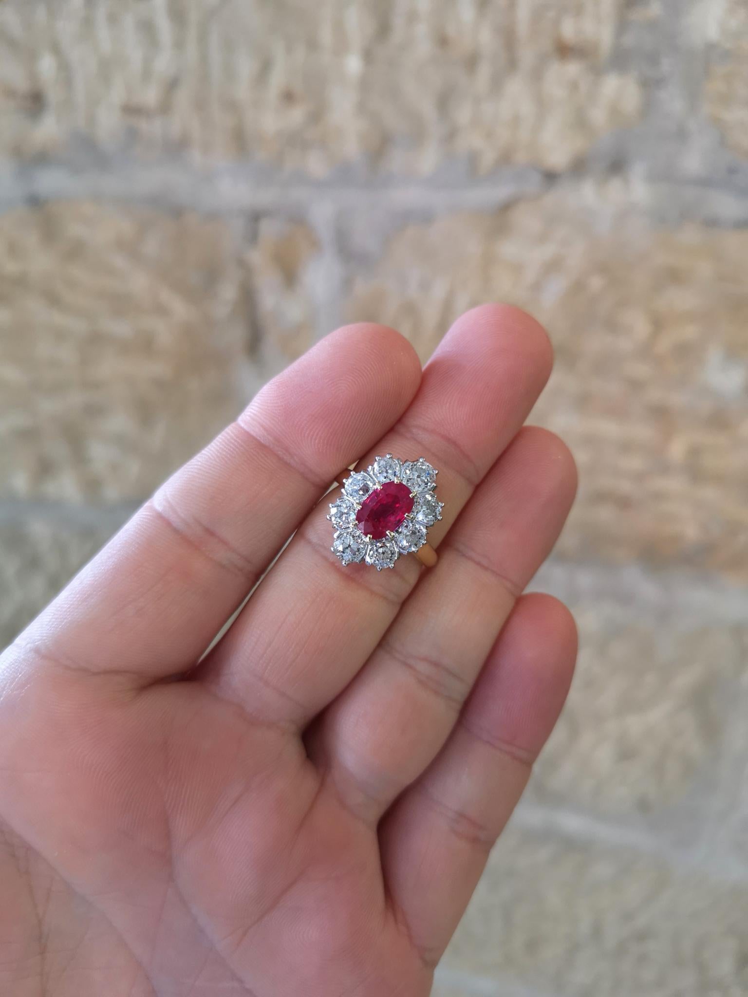 Women's or Men's 1930s Untreated Burma Ruby Diamond Oval Cluster Ring For Sale