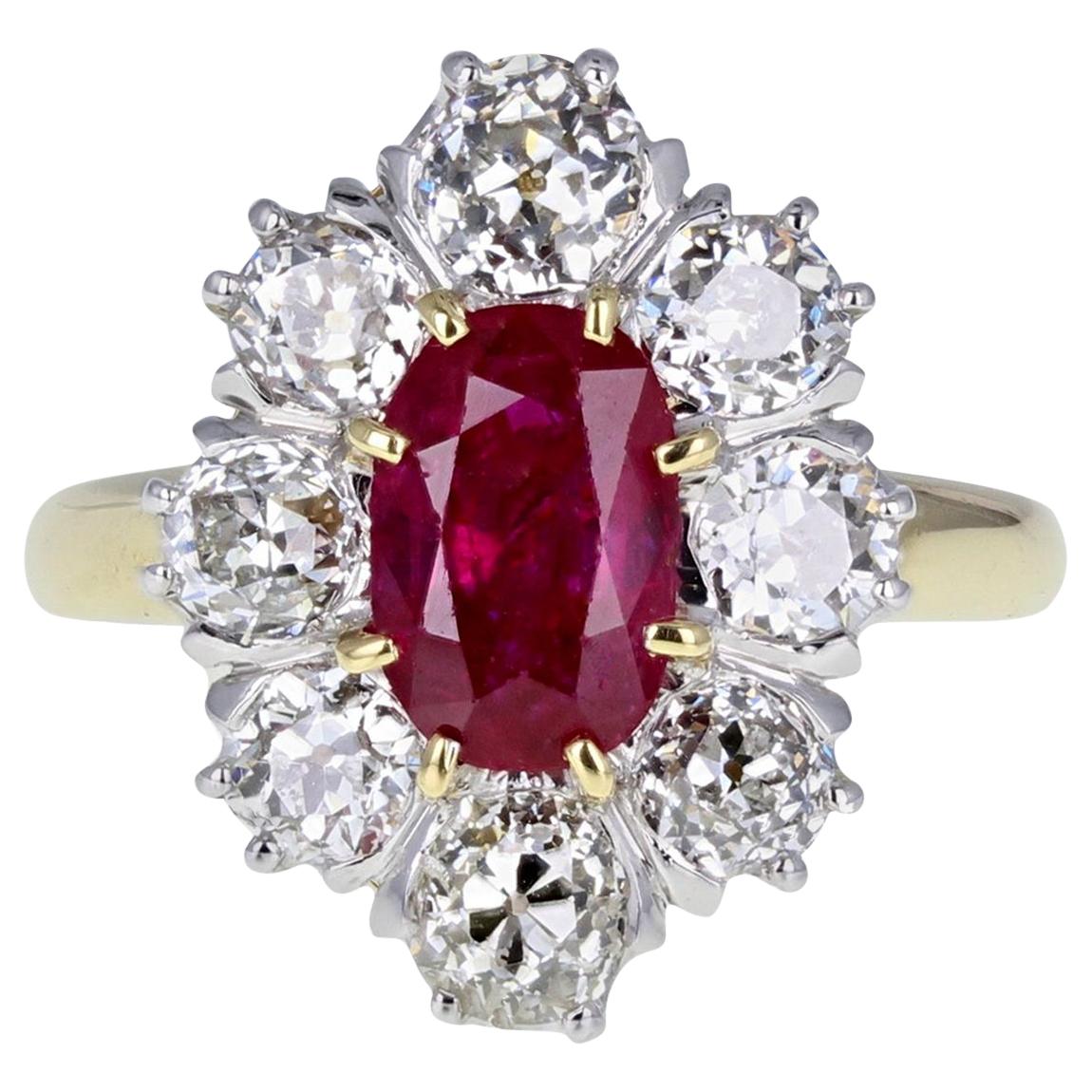 1930s Untreated Burma Ruby Diamond Oval Cluster Ring For Sale