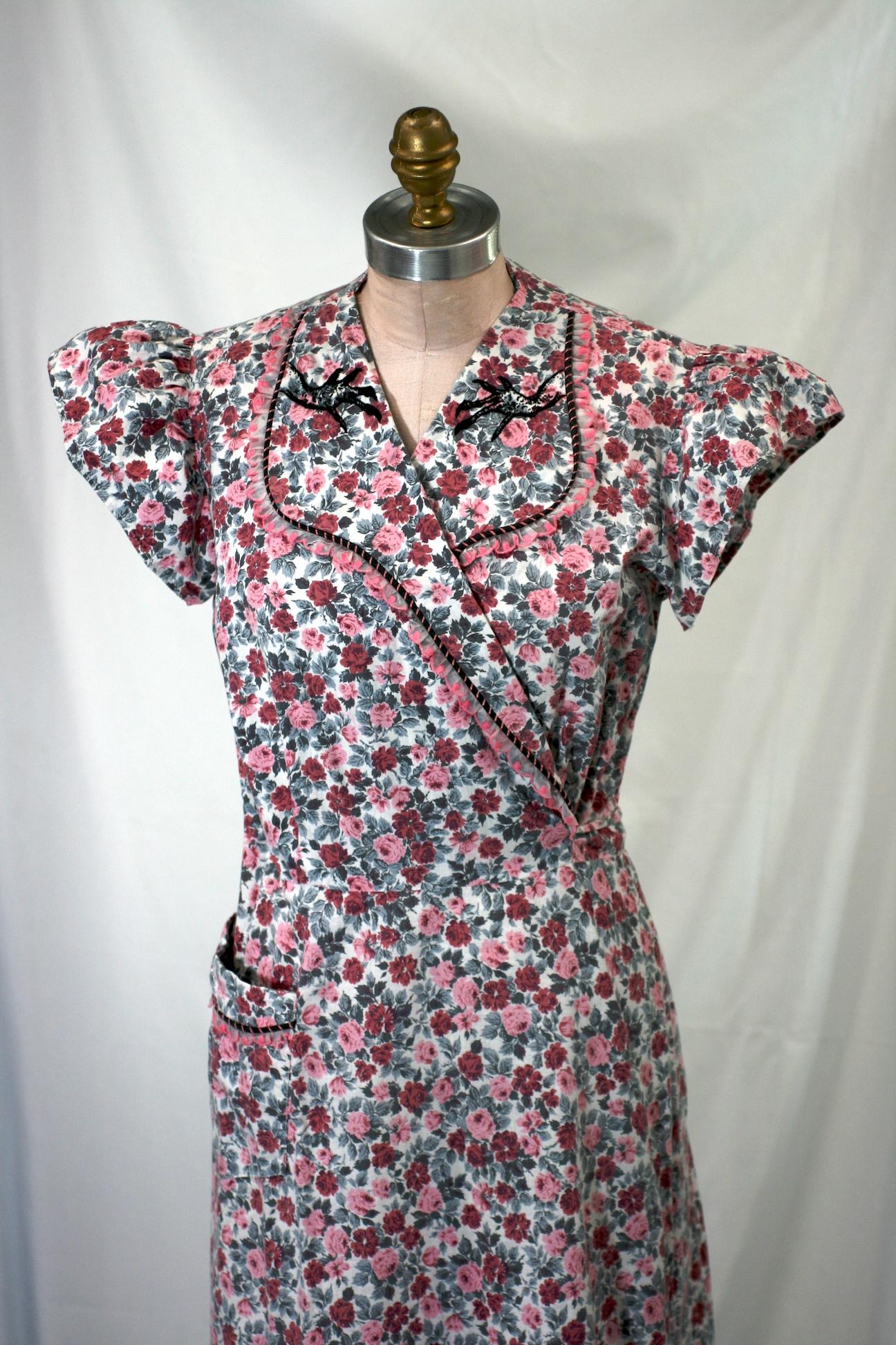 Gray 1930's Upcycled House Dress with Embroidery, Studio VL For Sale