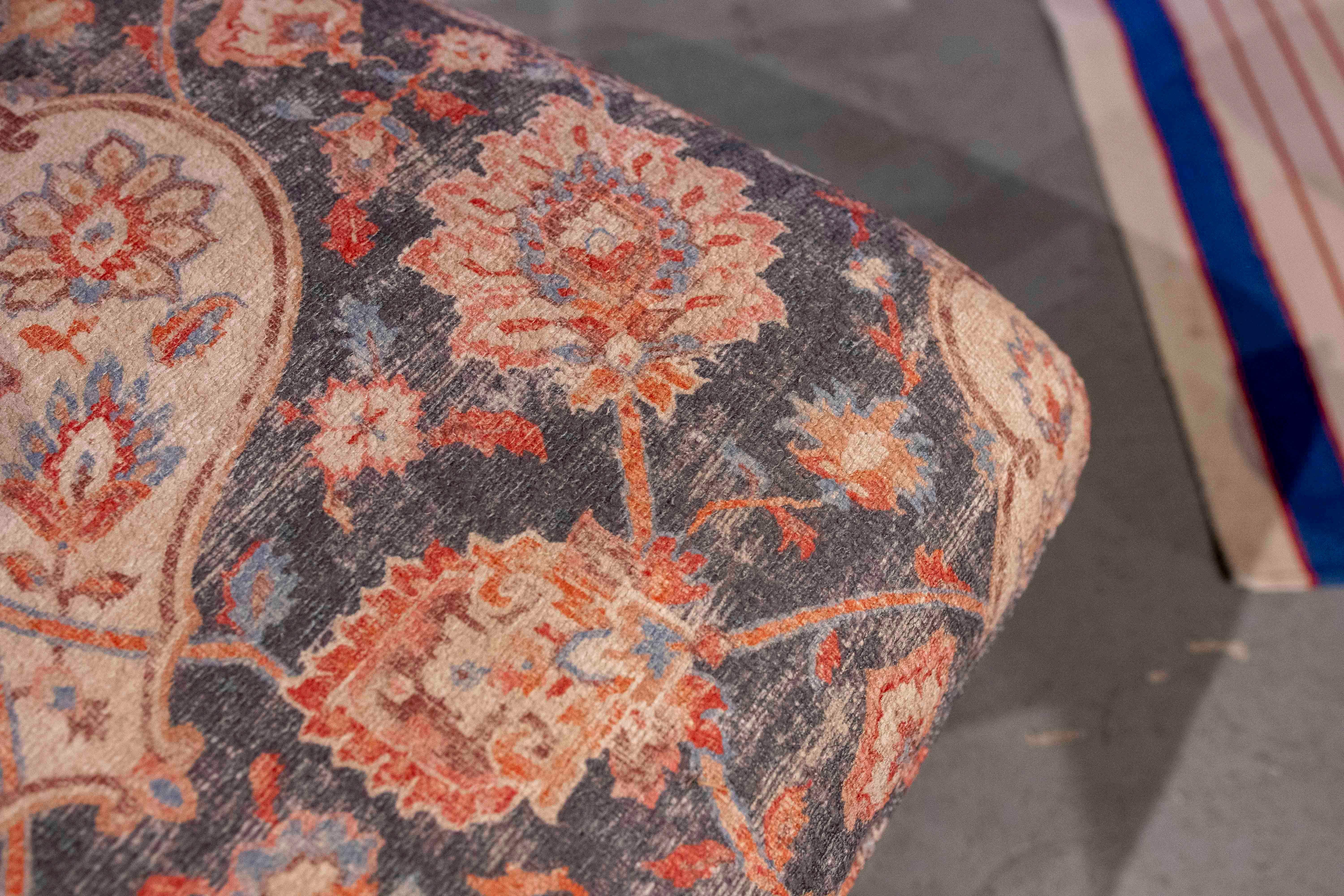 1930s Upholstered Ottoman Bench with Oriental-inspired Floral Print For Sale 4