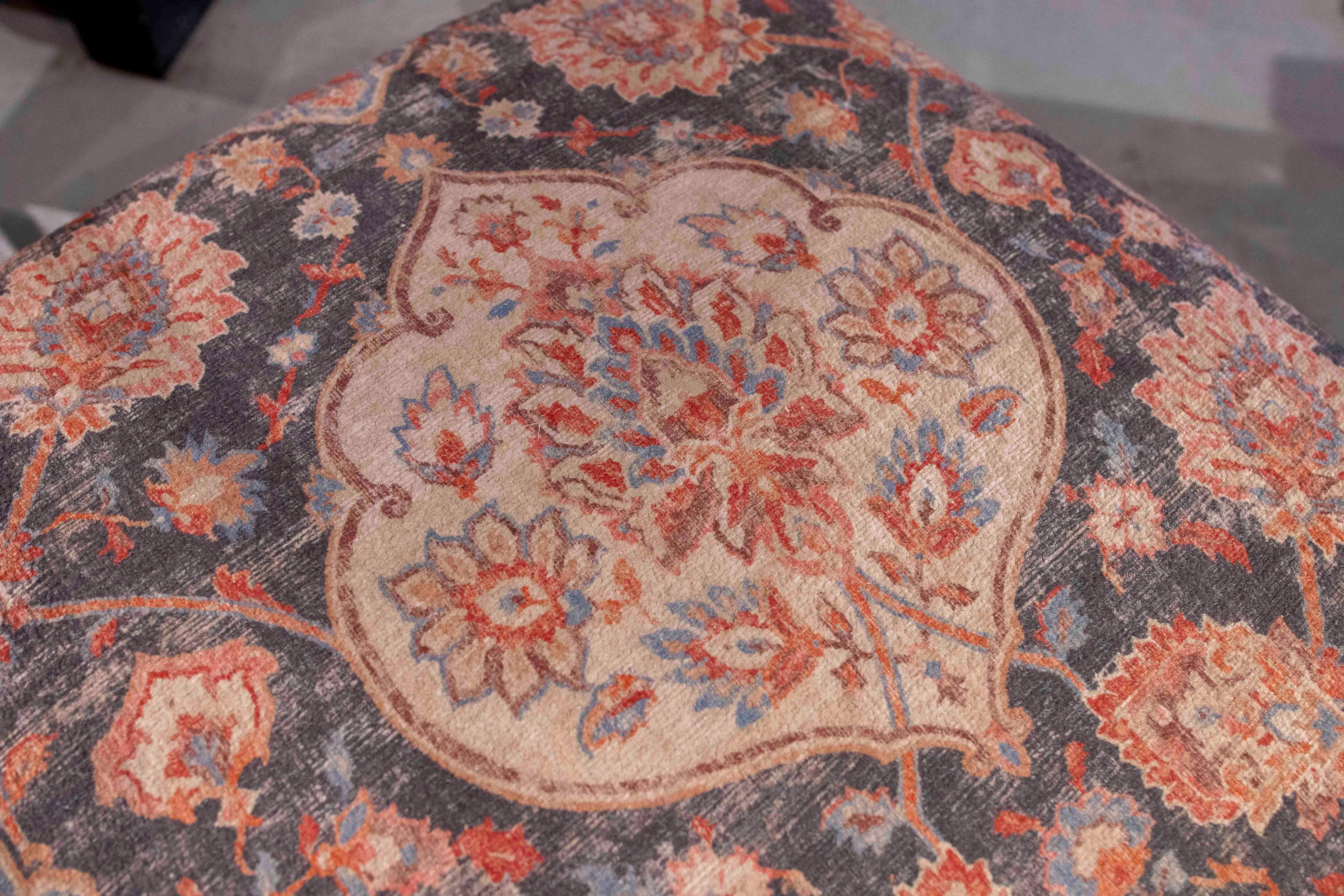 Fabric 1930s Upholstered Ottoman Bench with Oriental-inspired Floral Print For Sale
