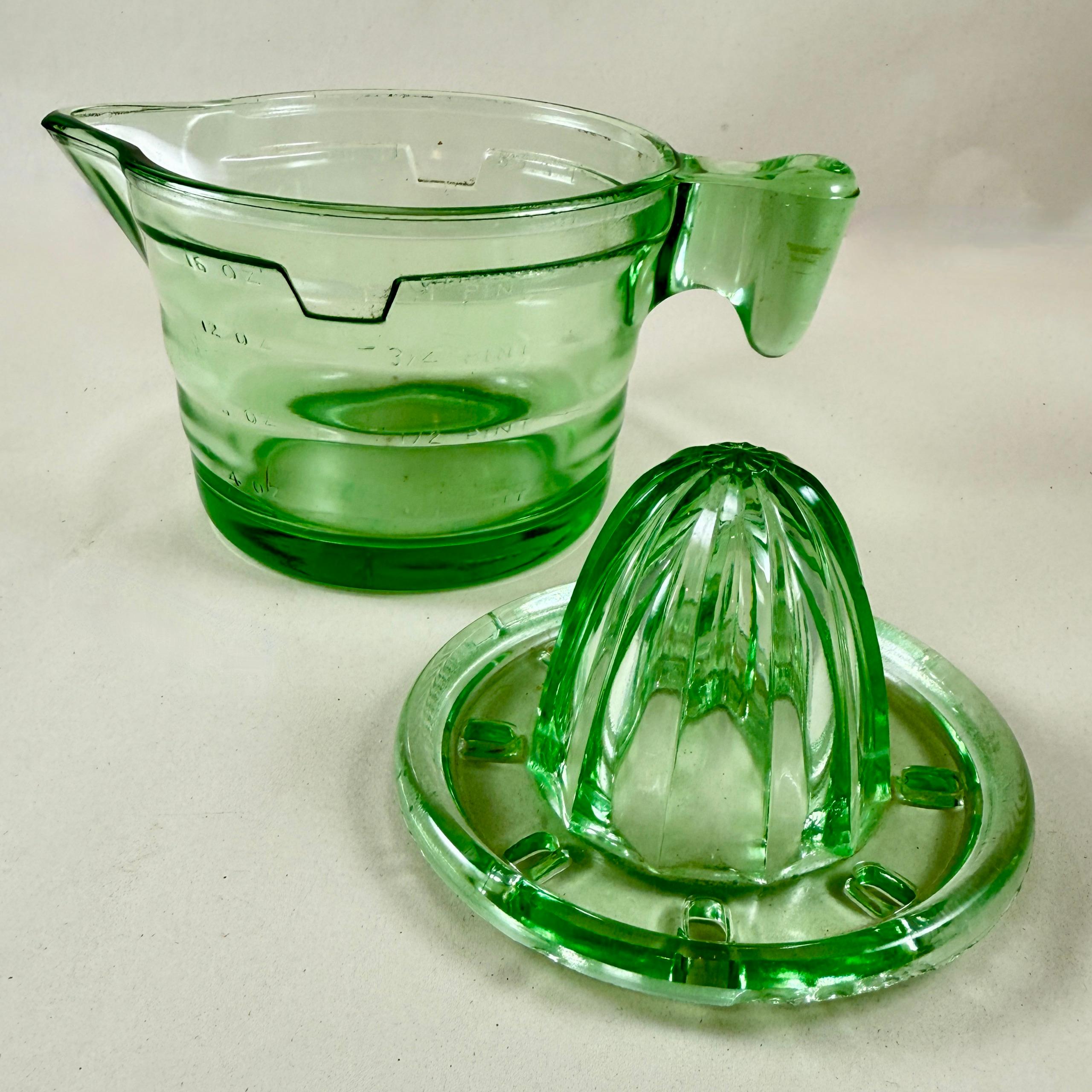 Art Deco 1930s Uranium Glass Handy Andy 2-Piece Citrus Reamer Set For Sale