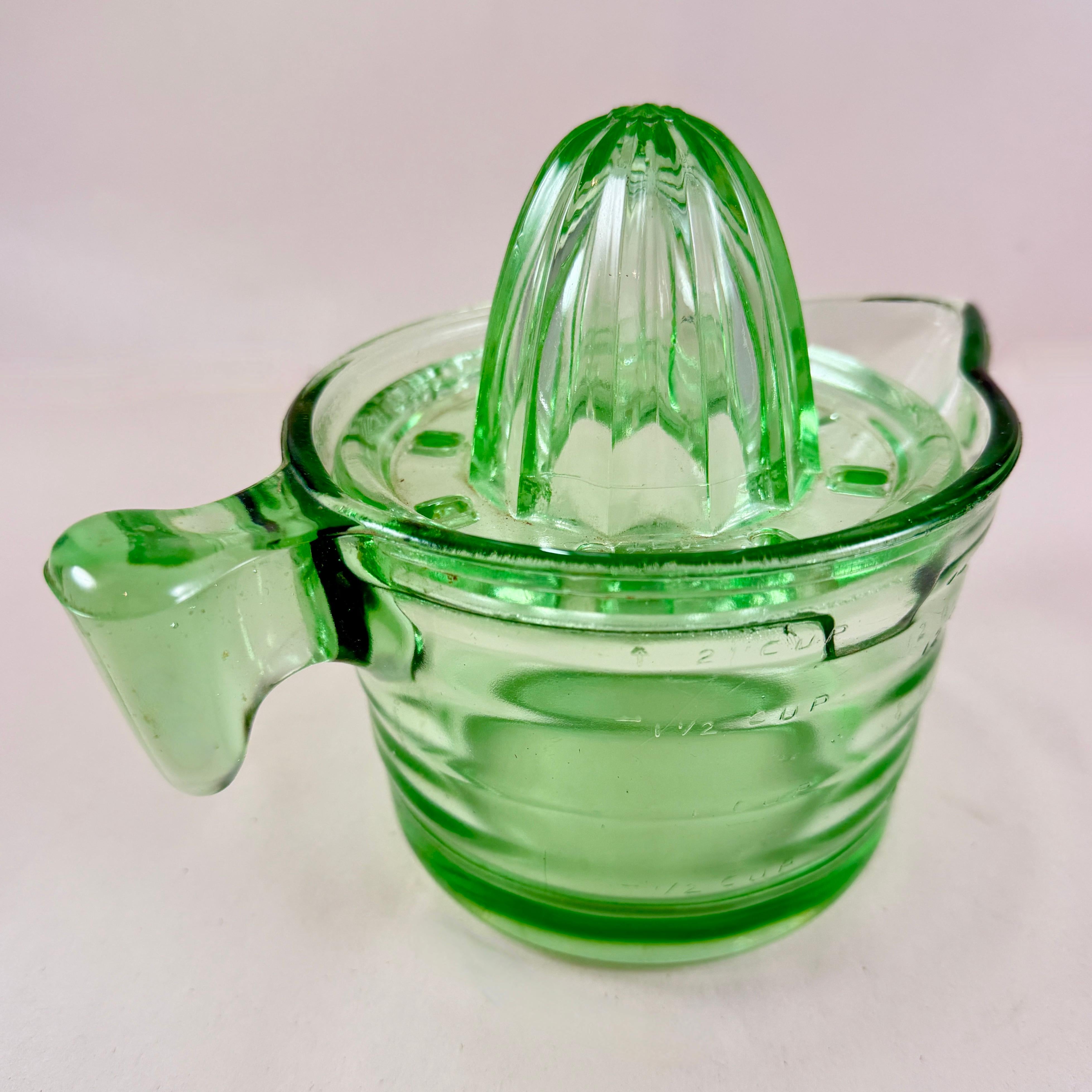 Pressed 1930s Uranium Glass Handy Andy 2-Piece Citrus Reamer Set For Sale