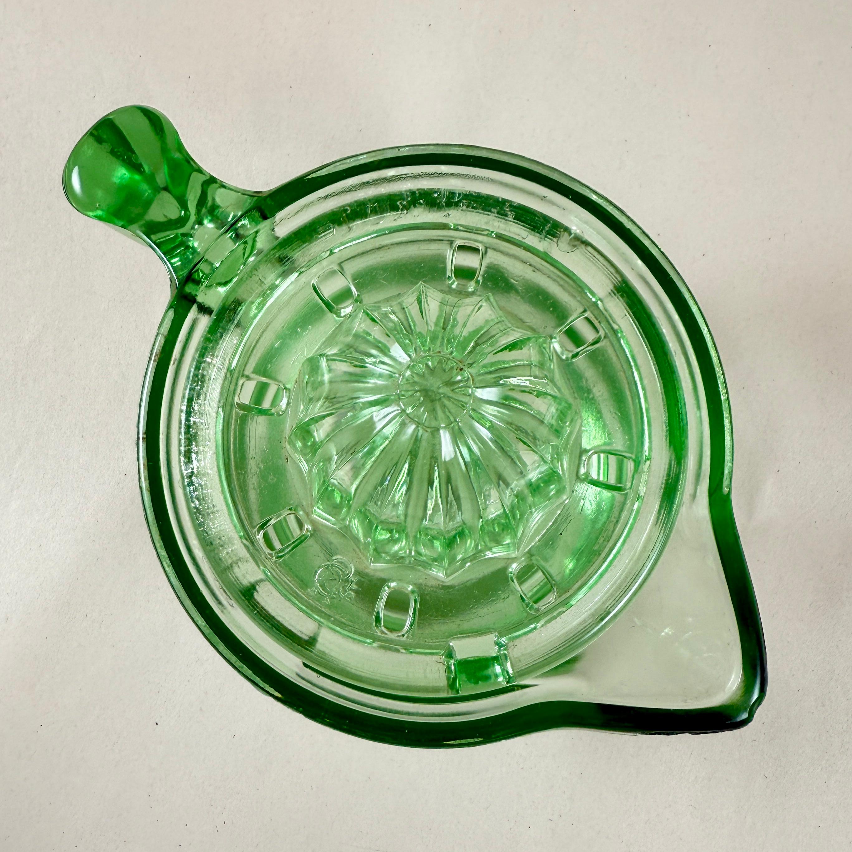 Mid-20th Century 1930s Uranium Glass Handy Andy 2-Piece Citrus Reamer Set For Sale