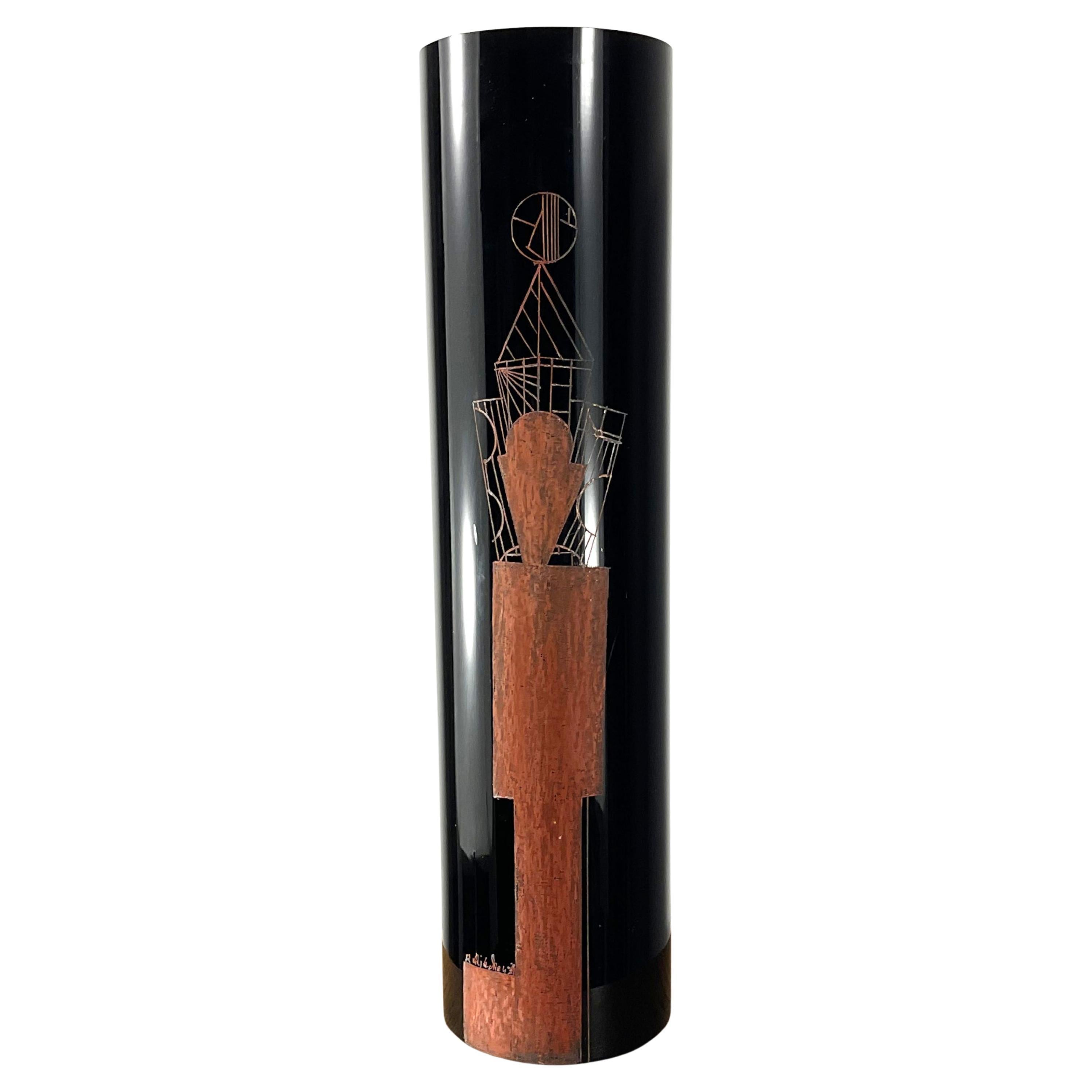 Vaso opalino nero di Anatole Riecke degli anni '30 inciso con una figura cubista rossa in vendita