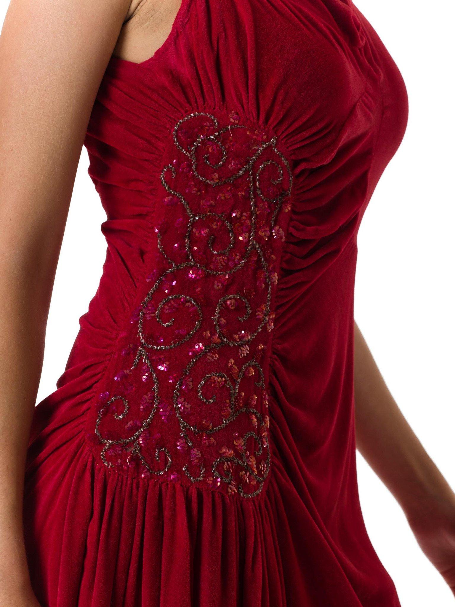 Red 1930S Magenta Silk Velvet Asymmetrically Draped & Beaded Gown For Sale