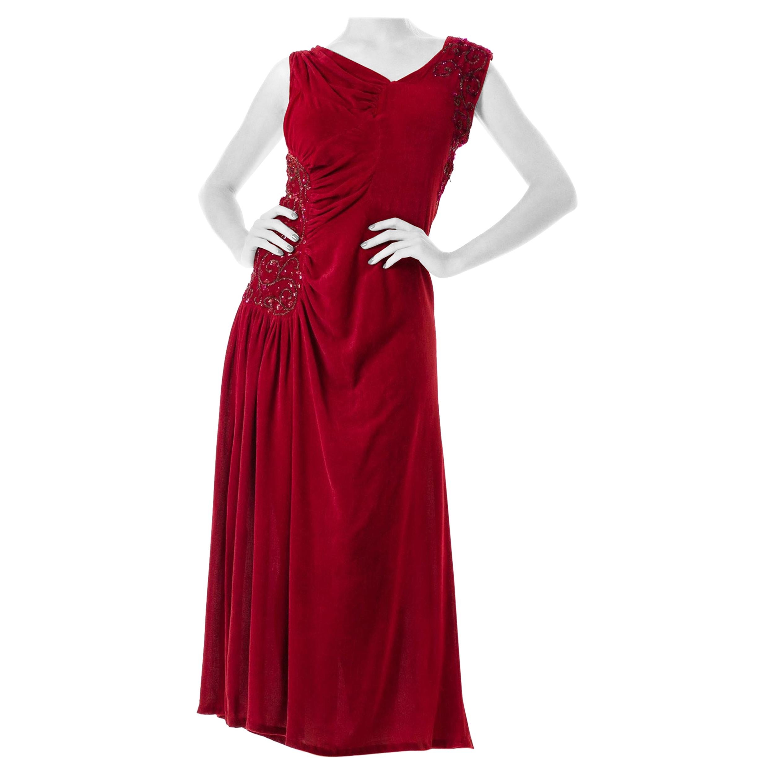 1930S Magenta Silk Velvet Asymmetrically Draped & Beaded Gown For Sale