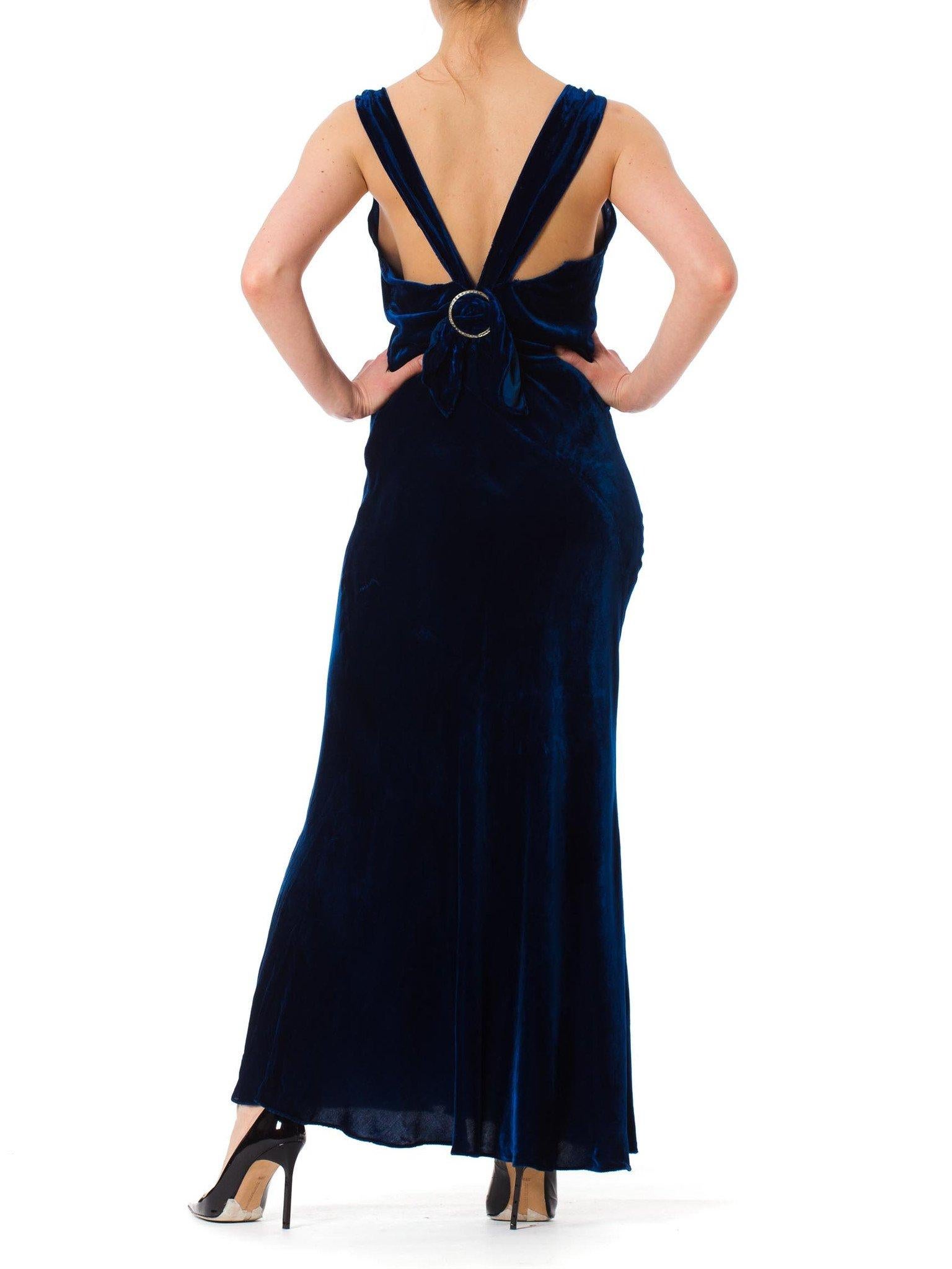 Black 1930S Sapphire Blue  Bias Cut Silk Velvet Backless Gown Few Small As-Is Details