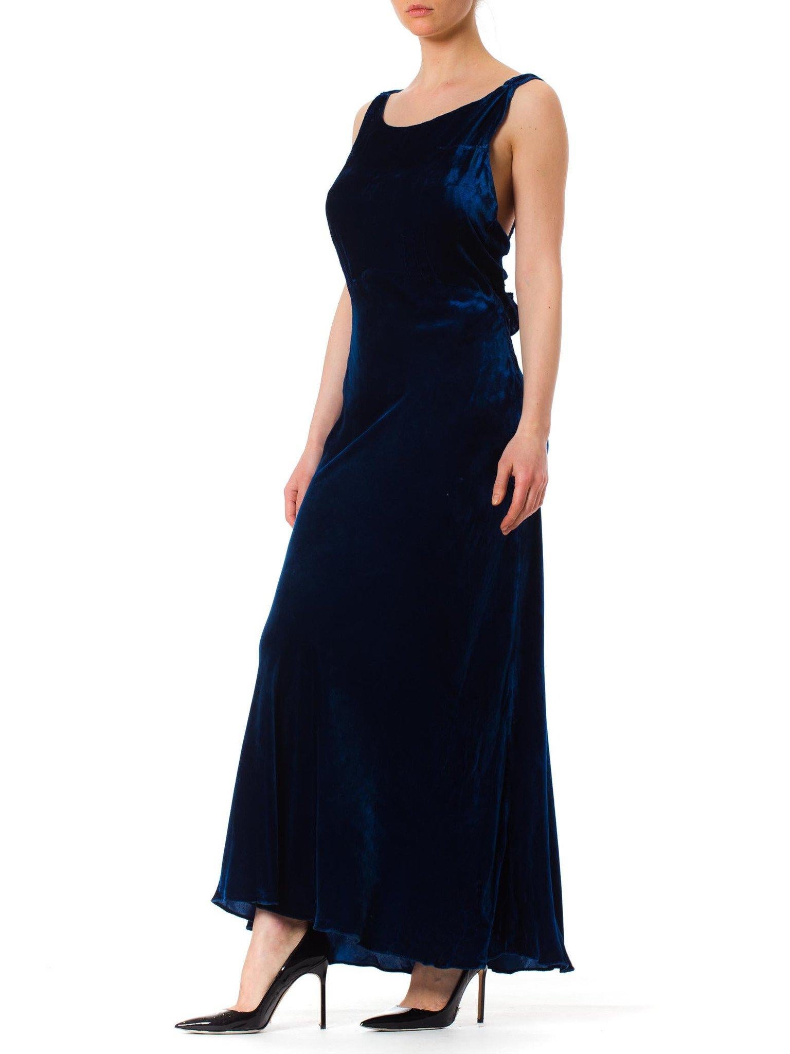 1930S Sapphire Blue  Bias Cut Silk Velvet Backless Gown Few Small As-Is Details In Excellent Condition In New York, NY