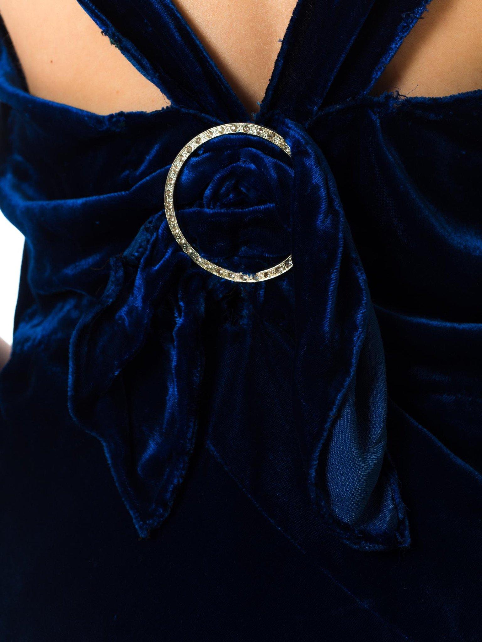 Women's 1930S Sapphire Blue  Bias Cut Silk Velvet Backless Gown Few Small As-Is Details
