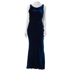 1930S Sapphire Blue  Bias Cut Silk Velvet Backless Gown Few Small As-Is Details