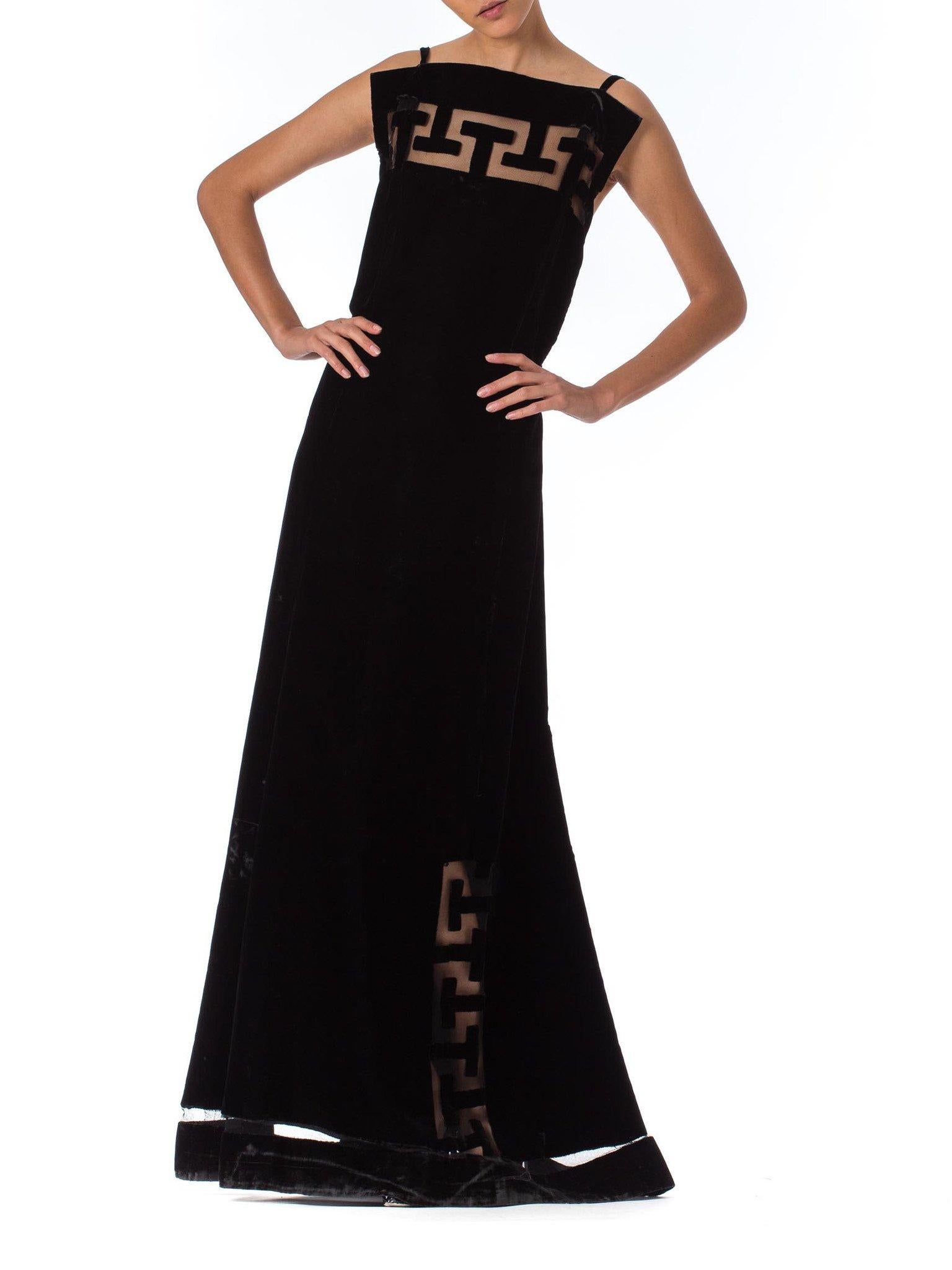 1930S Black Silk & Cotton Velvet Jacques Of Chicago Gown With Couture Greek Key Cutout Details