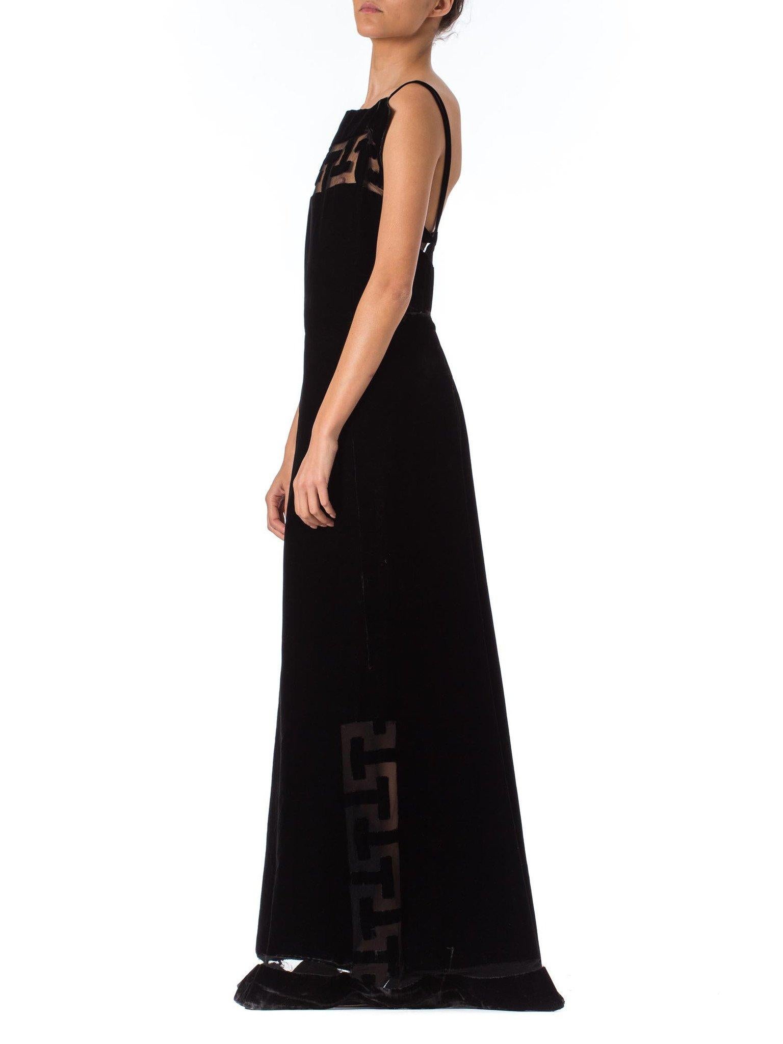 1930S Black Silk & Cotton Velvet Jacques Of Chicago Gown With Couture Greek Key In Excellent Condition In New York, NY