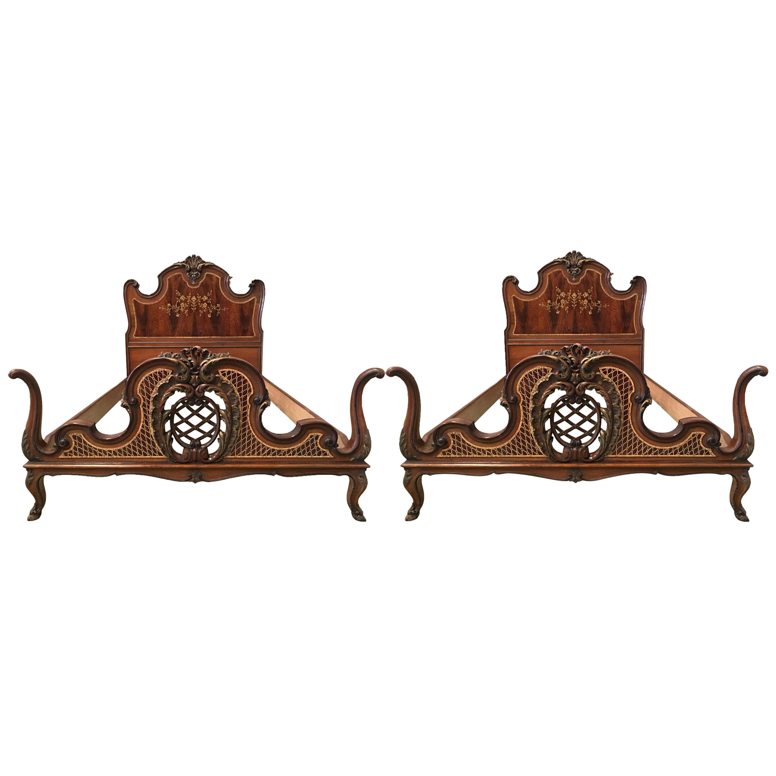 1930s Venetian Baroque Pair Twin XL Marquetry and Carved Walnut
