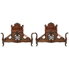 Antique 1930s Venetian Baroque Pair Twin XL Marquetry and Carved Walnut