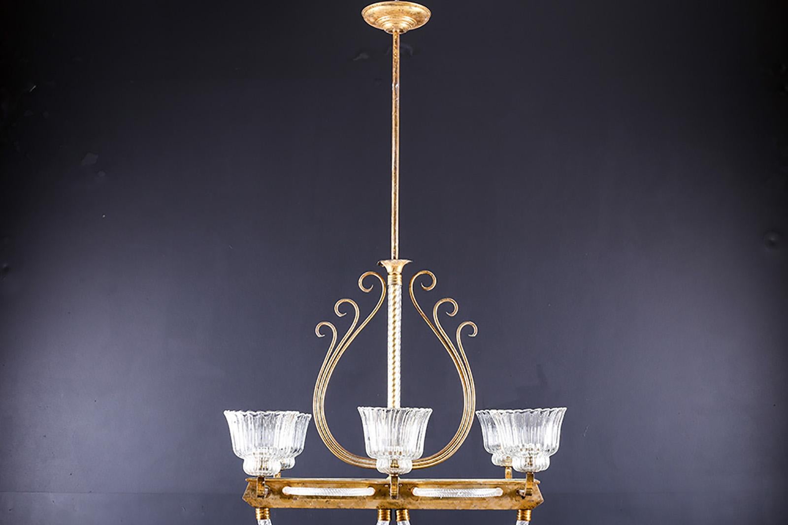 Italian 1930′S Venetian Brass & Clear Murano Glass Chandelier by Barovier & Toso For Sale