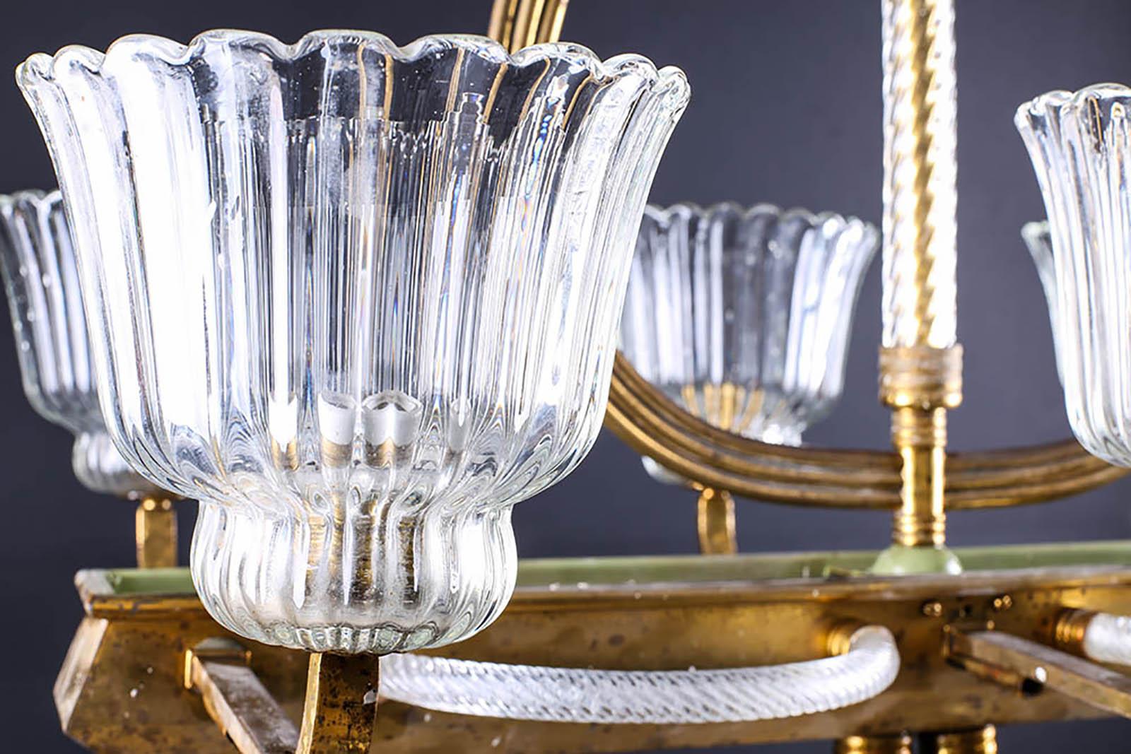 20th Century 1930′S Venetian Brass & Clear Murano Glass Chandelier by Barovier & Toso For Sale