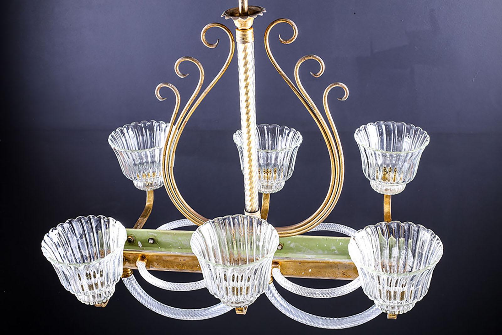 1930′S Venetian Brass & Clear Murano Glass Chandelier by Barovier & Toso For Sale 2