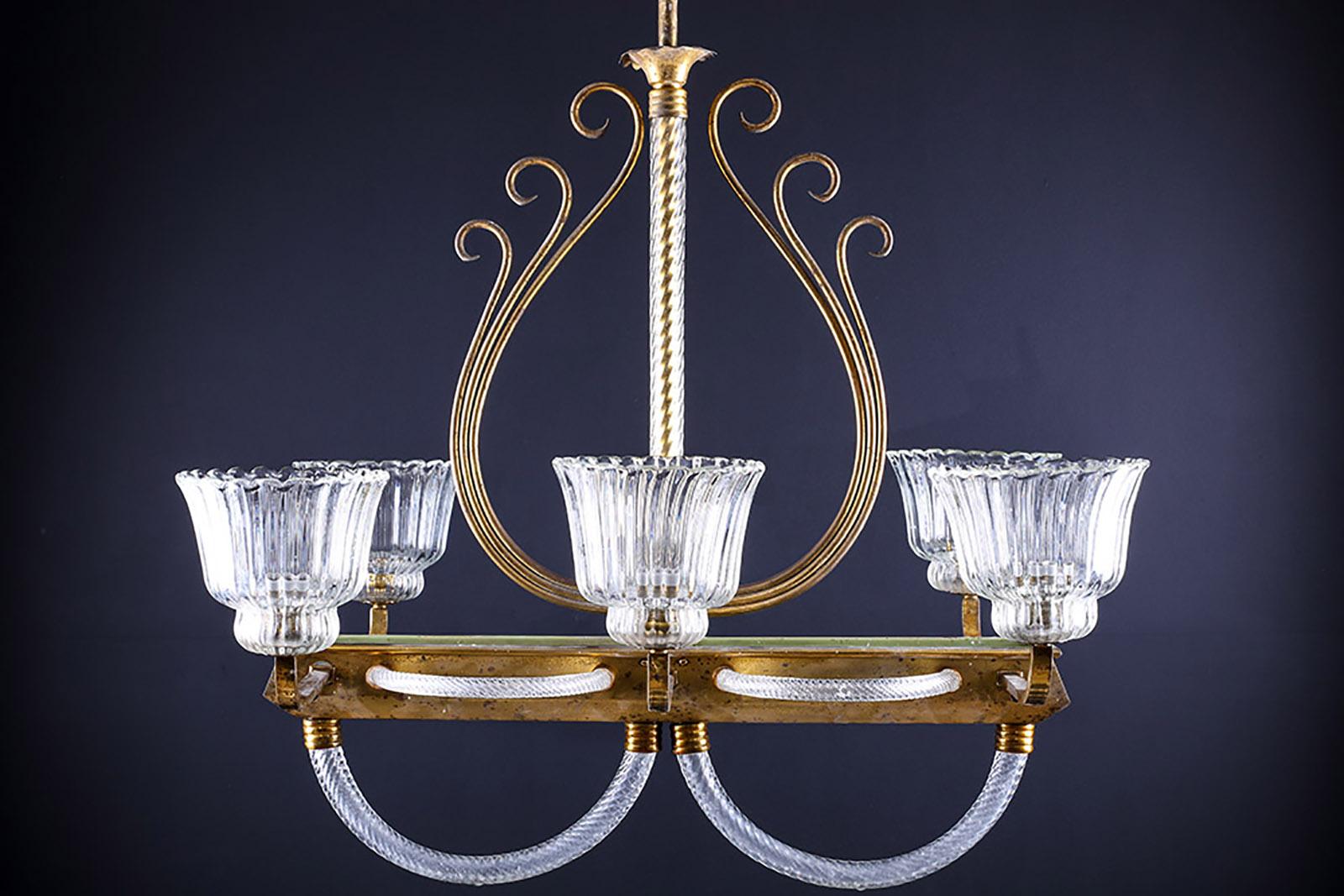 1930′S Venetian Brass & Clear Murano Glass Chandelier by Barovier & Toso For Sale 3