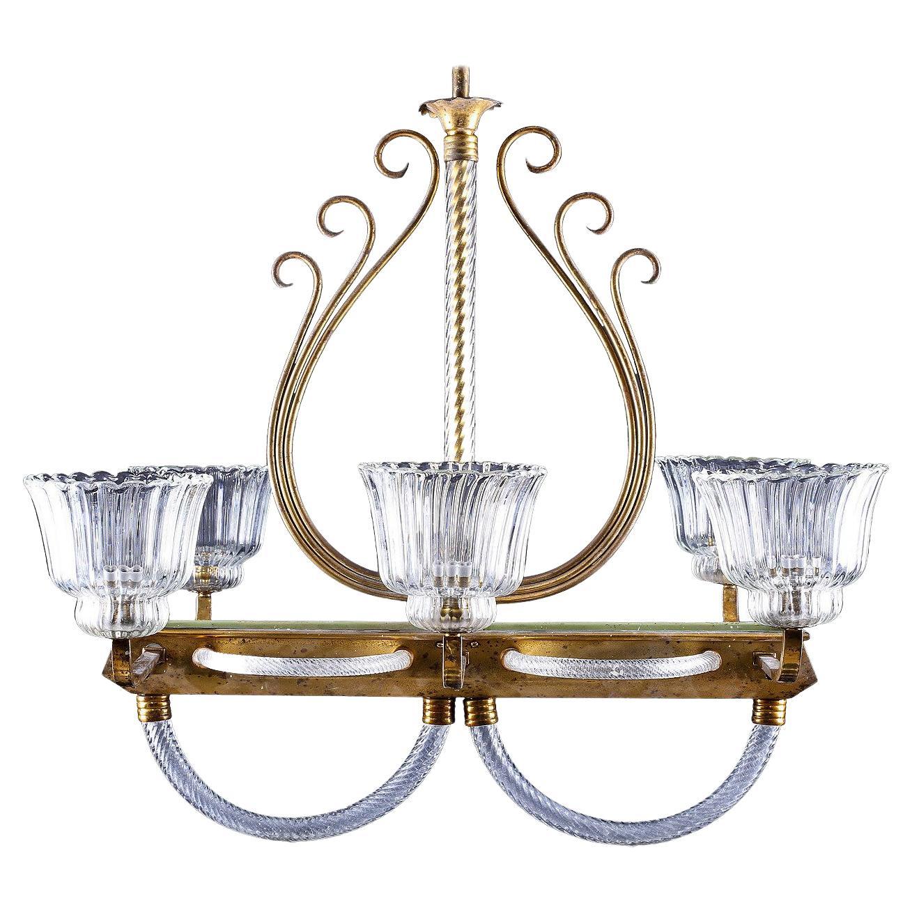 1930′S Venetian Brass & Clear Murano Glass Chandelier by Barovier & Toso For Sale