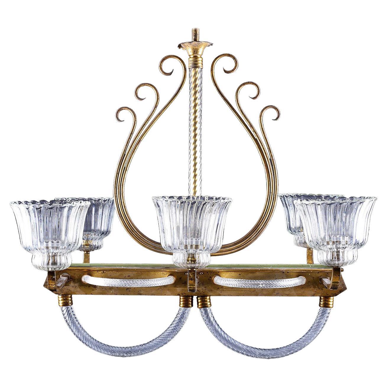 1930′S Venetian Brass & Clear Murano Glass Chandelier by Barovier & Toso