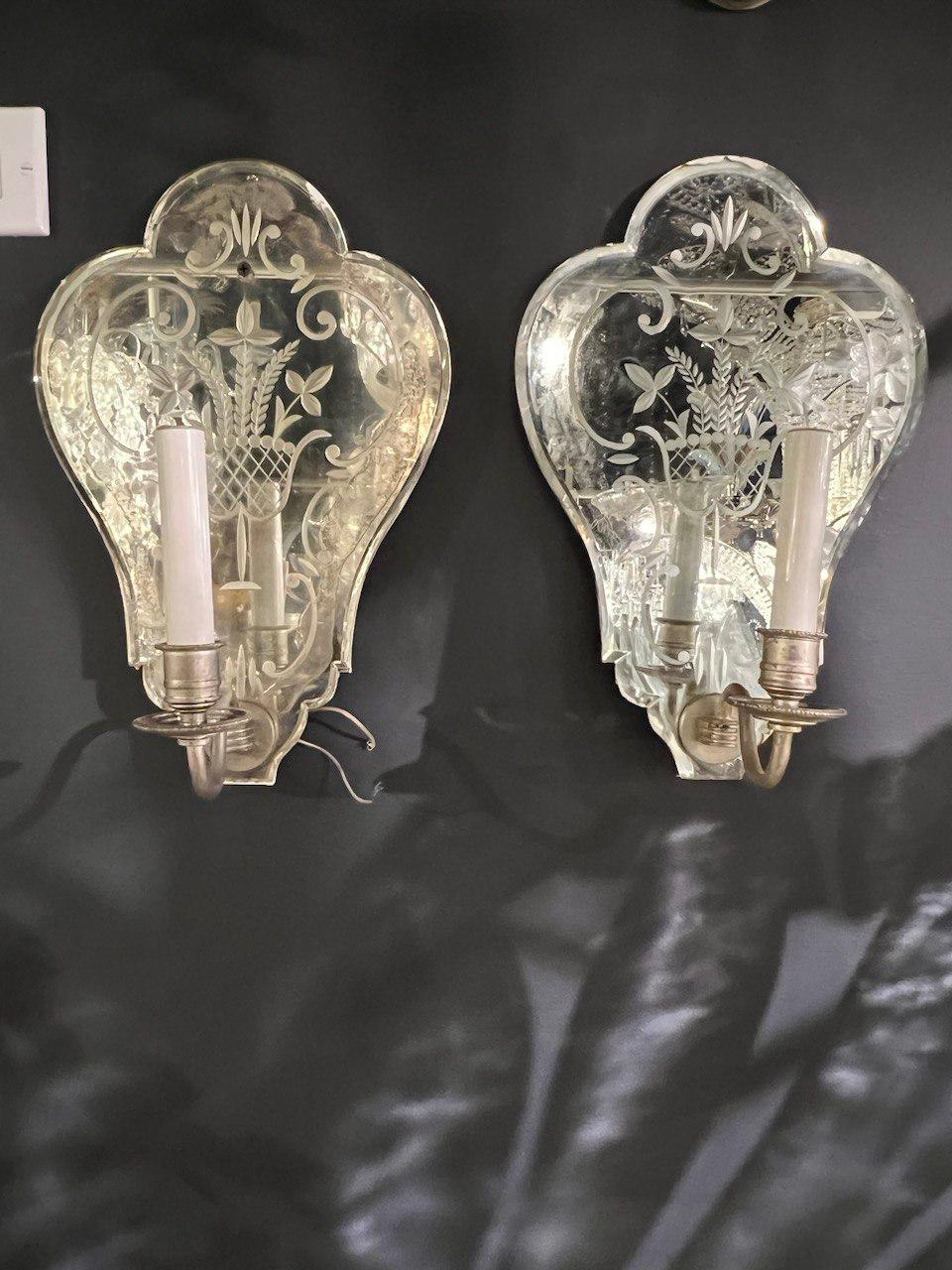 French Provincial 1930’s Venetian Etched Mirror Sconces For Sale