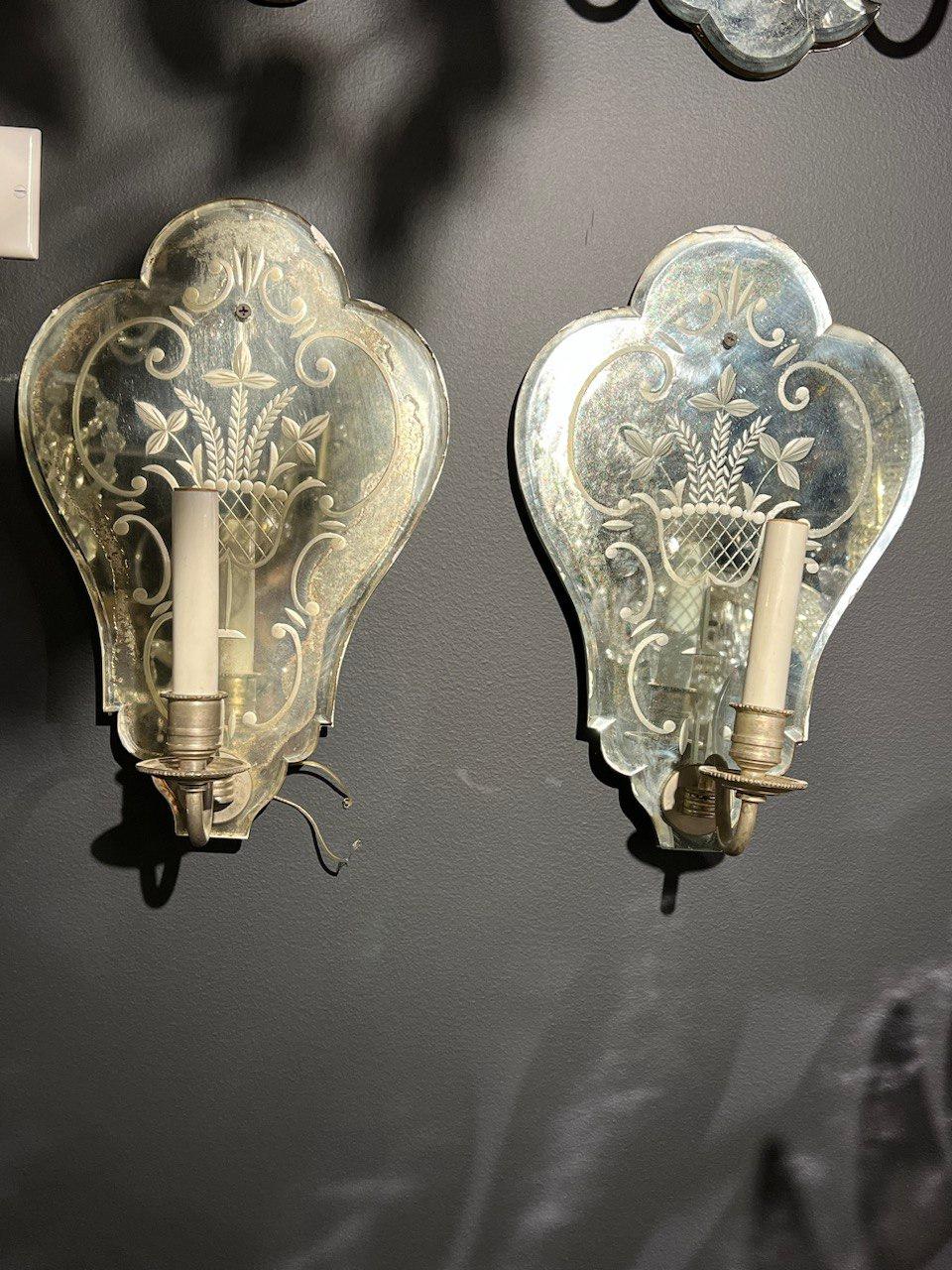 Italian 1930’s Venetian Etched Mirror Sconces For Sale