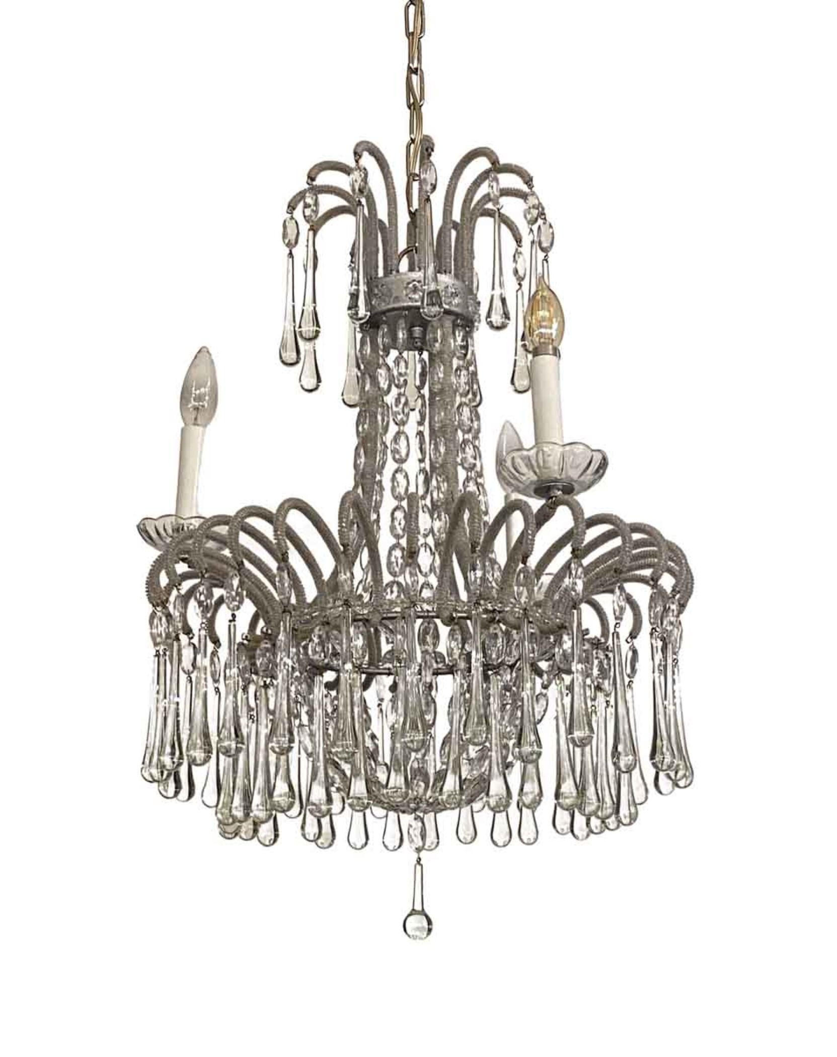 1930s Italian Venetian style teardrop crystal chandelier done in a silver leaf finish. Features three candelabra lights. Cleaned and rewired. Please note, this item is located in one of our NYC locations.