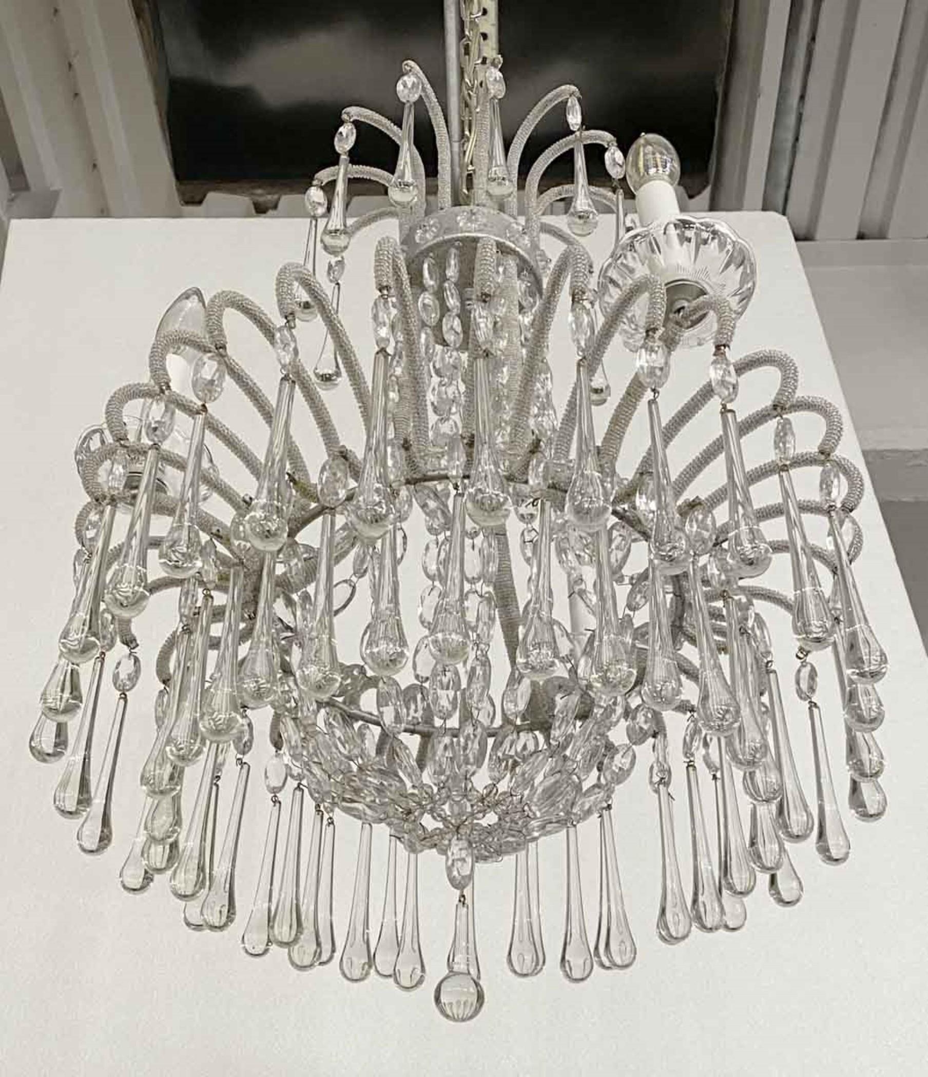 Venetian Silver Leaf Finish Chandelier Teardrop Crystals 3 Lights In Good Condition For Sale In New York, NY