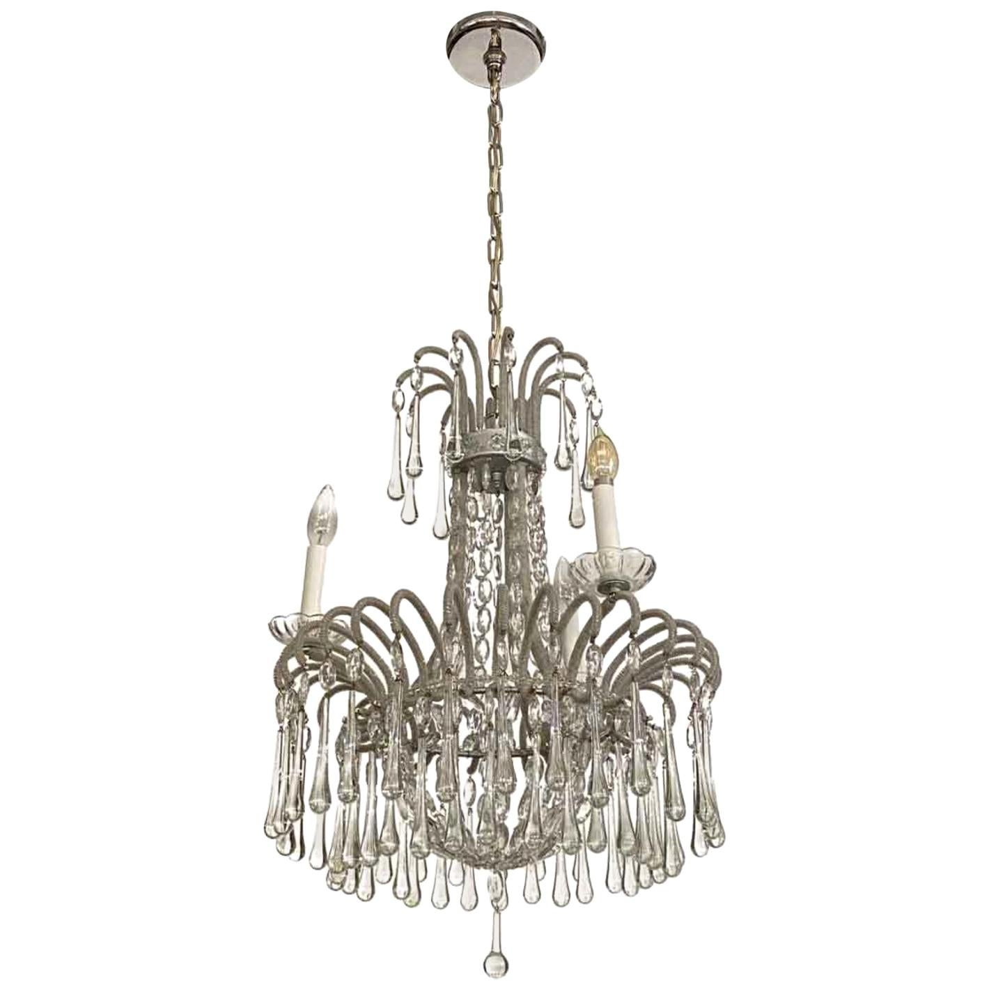 1930s Venetian Silver Finish Chandelier with Teardrop Crystals and Three Lights