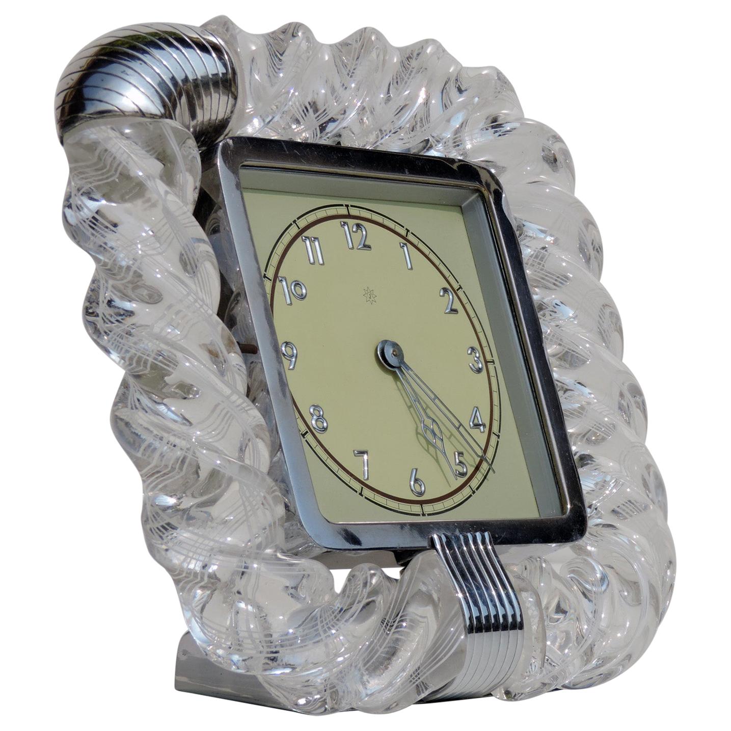 1930s Venini "Torchon" Twisted Murano Glass Art Deco Table Clock For Sale